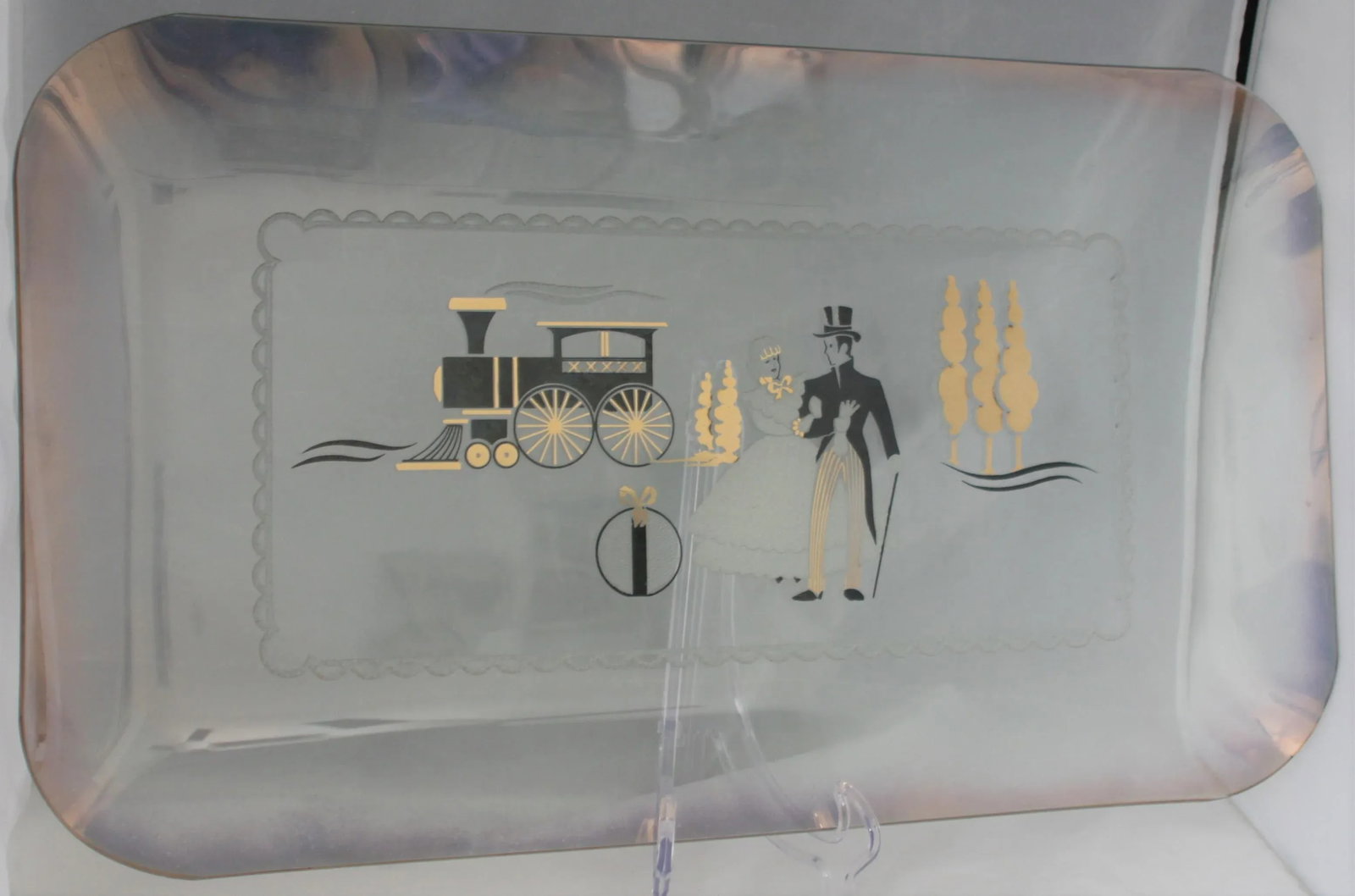 Mid-Century Large Iridescent Clear Glass Tray Black & Gold Victorian Scene - 7