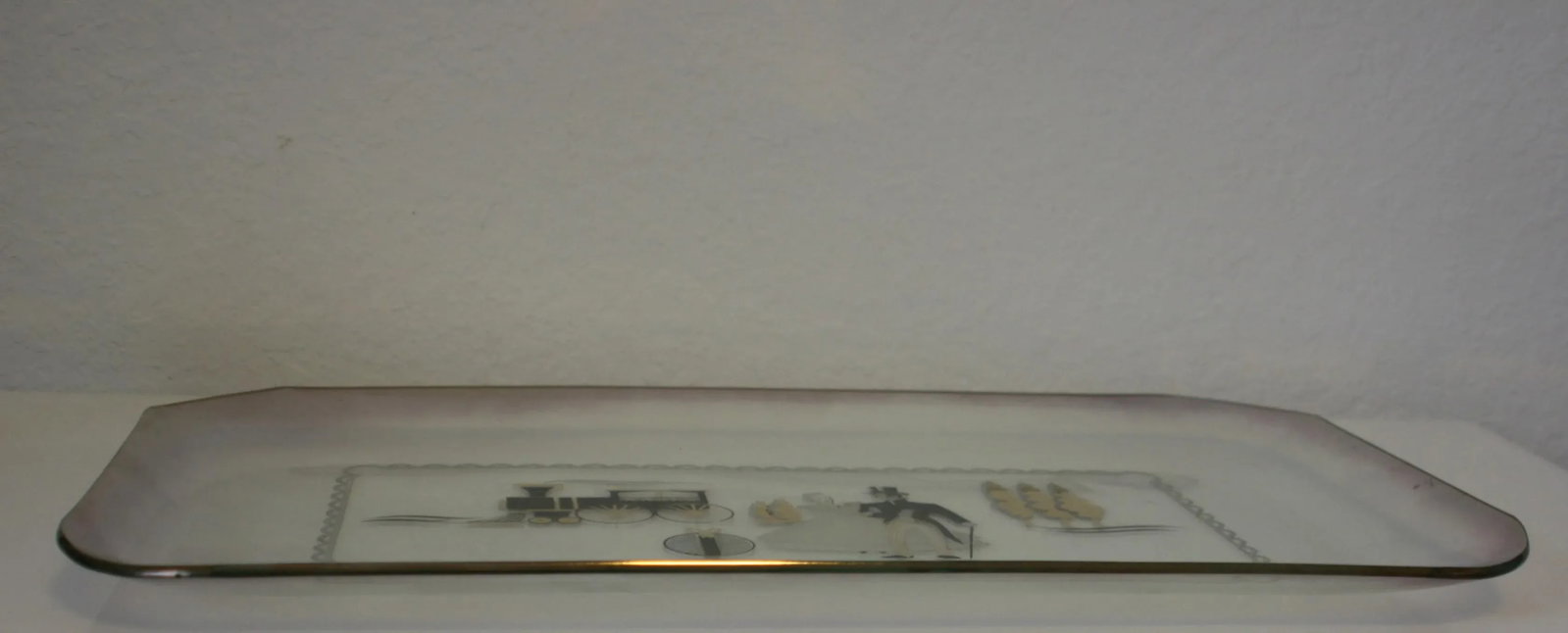 Mid-Century Large Iridescent Clear Glass Tray Black & Gold Victorian Scene - 8