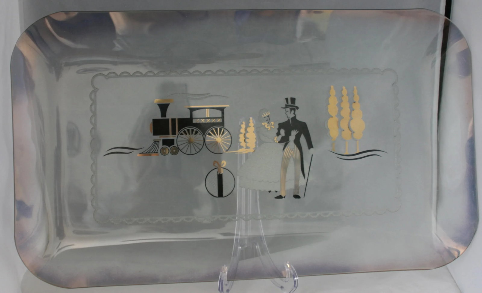 Mid-Century Large Iridescent Clear Glass Tray Black & Gold Victorian Scene - 9