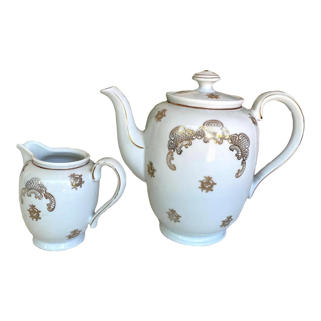 Vintage Mitterteich Bavaria Teapot and Creamer Jar, Gold Floral Scrolls on White with Gold Trim- 2 P: The Mitterteich Bavaria Teapot and Creamer Jar feature a design with gold floral scrolls on a white background, accented with gold trim. The gold floral scrolls provide an elegant and intricate