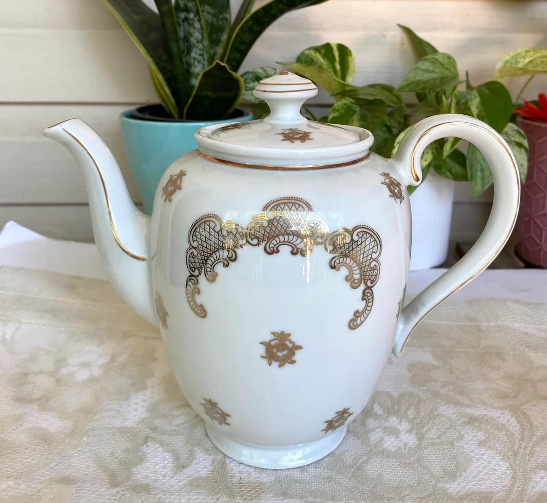 Vintage Mitterteich Bavaria Teapot and Creamer Jar, Gold Floral Scrolls on White with Gold Trim- 2 P - 2