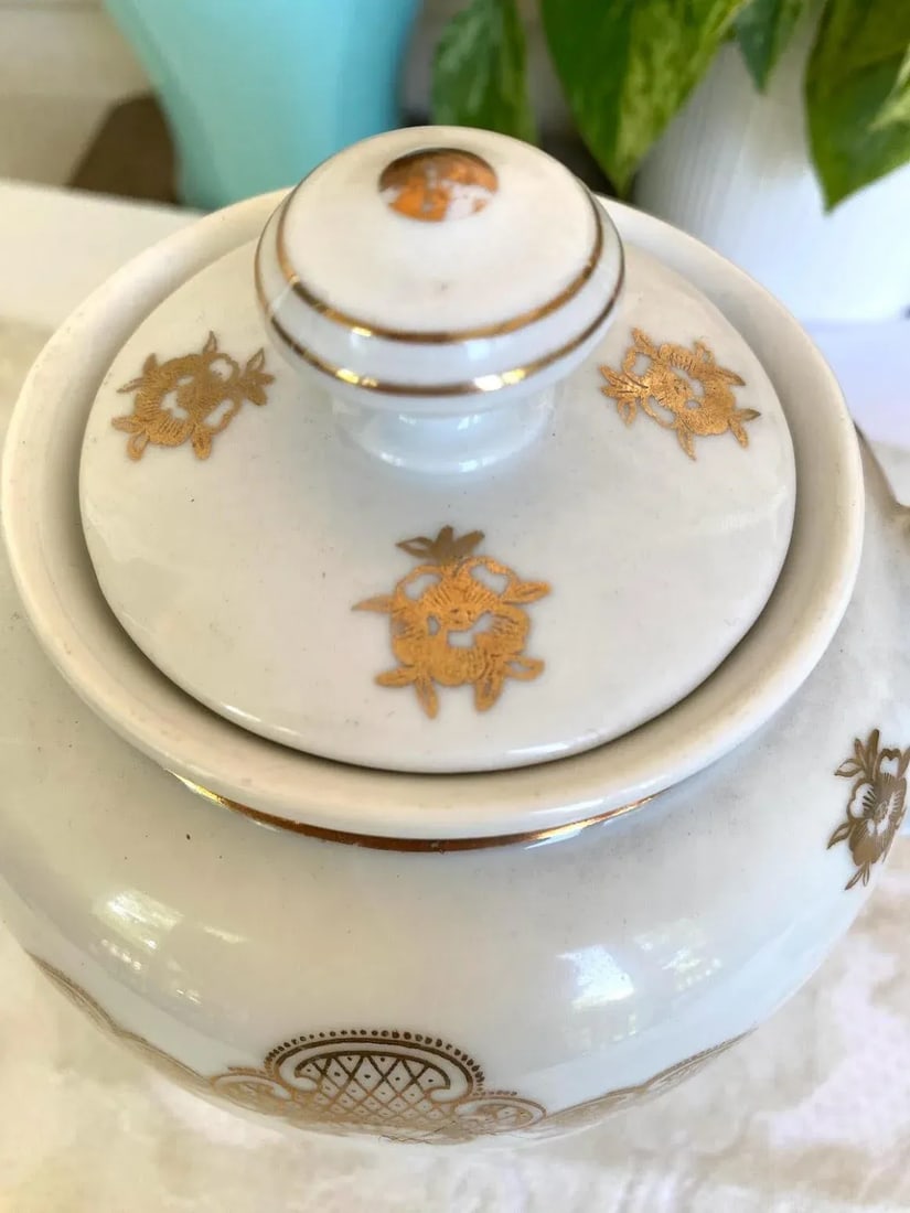 Vintage Mitterteich Bavaria Teapot and Creamer Jar, Gold Floral Scrolls on White with Gold Trim- 2 P - 3