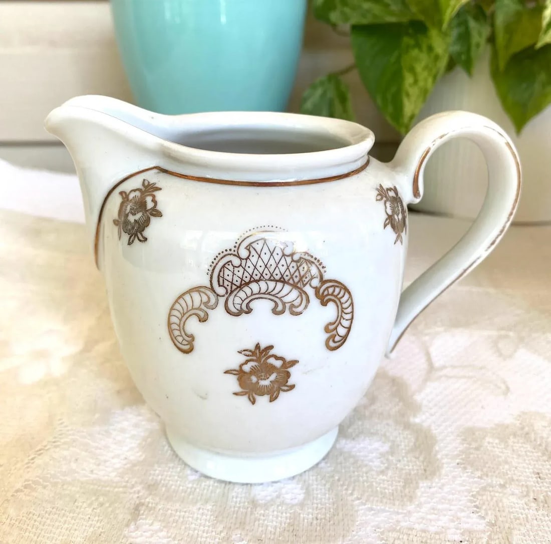 Vintage Mitterteich Bavaria Teapot and Creamer Jar, Gold Floral Scrolls on White with Gold Trim- 2 P - 4