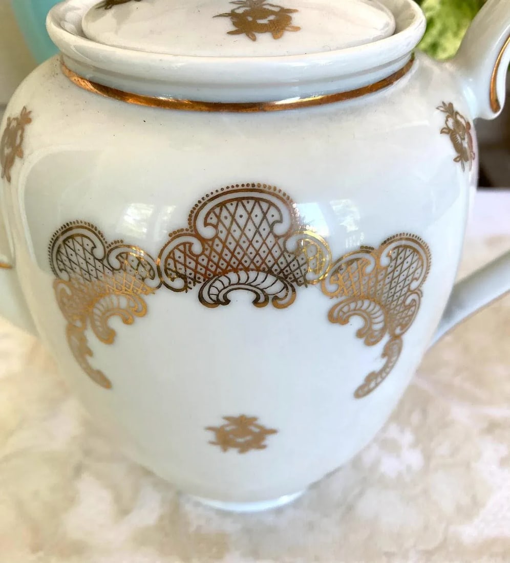 Vintage Mitterteich Bavaria Teapot and Creamer Jar, Gold Floral Scrolls on White with Gold Trim- 2 P - 5