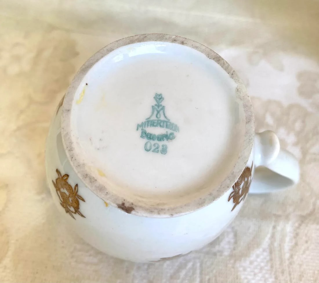 Vintage Mitterteich Bavaria Teapot and Creamer Jar, Gold Floral Scrolls on White with Gold Trim- 2 P - 8