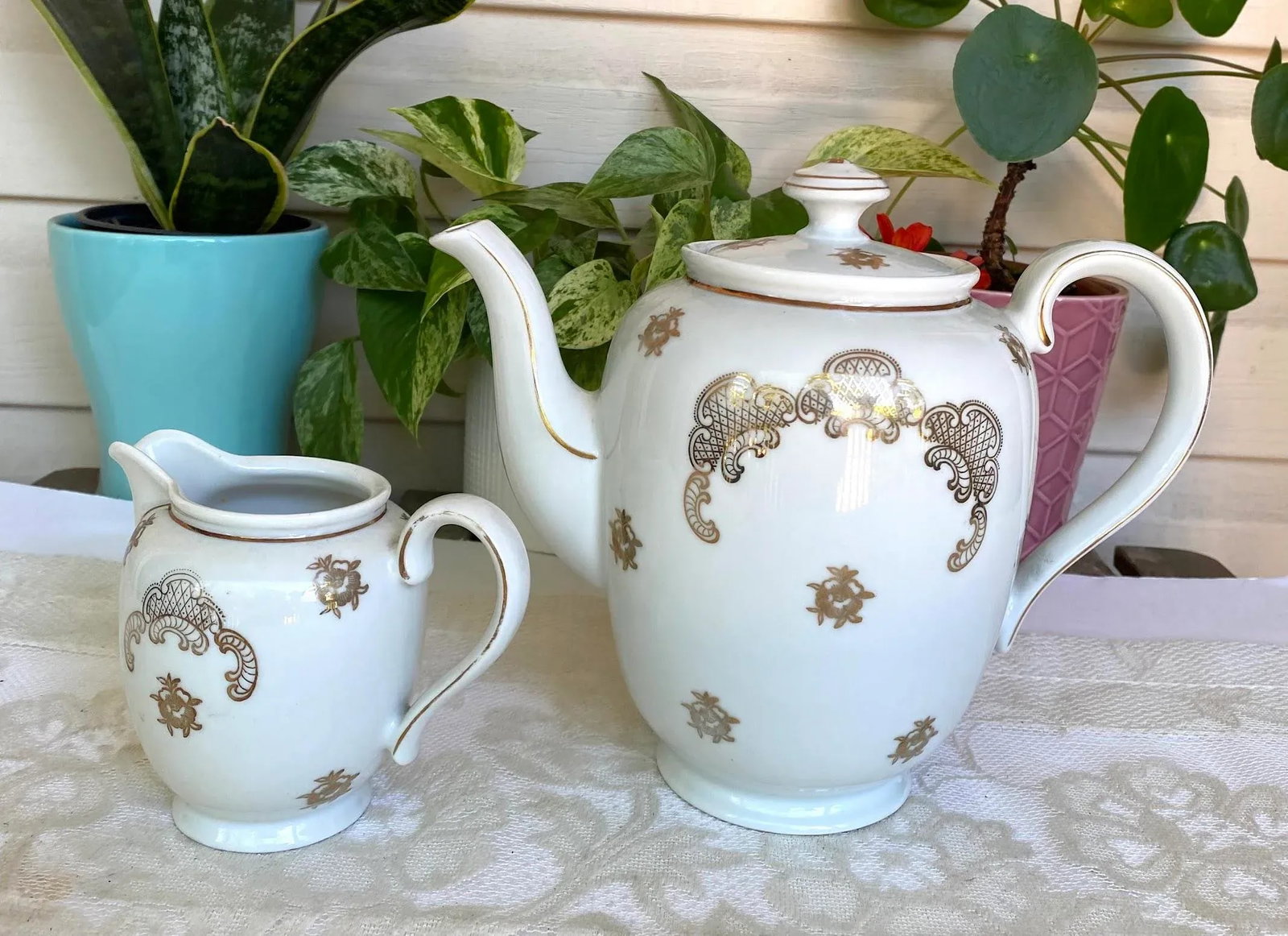 Vintage Mitterteich Bavaria Teapot and Creamer Jar, Gold Floral Scrolls on White with Gold Trim- 2 P - 9