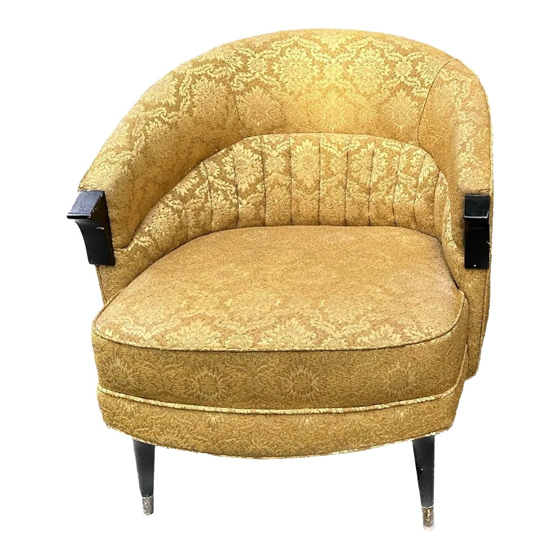 Mid 20th Century Mid-Century Art Deco Barrel Chair: Gorgeous 1940s barrel back vintage chair in gold pattern styled after Selig. This chair i is in beautiful vintage condition and would make a stunning accent in any midcentury Hollywood Regency, or art