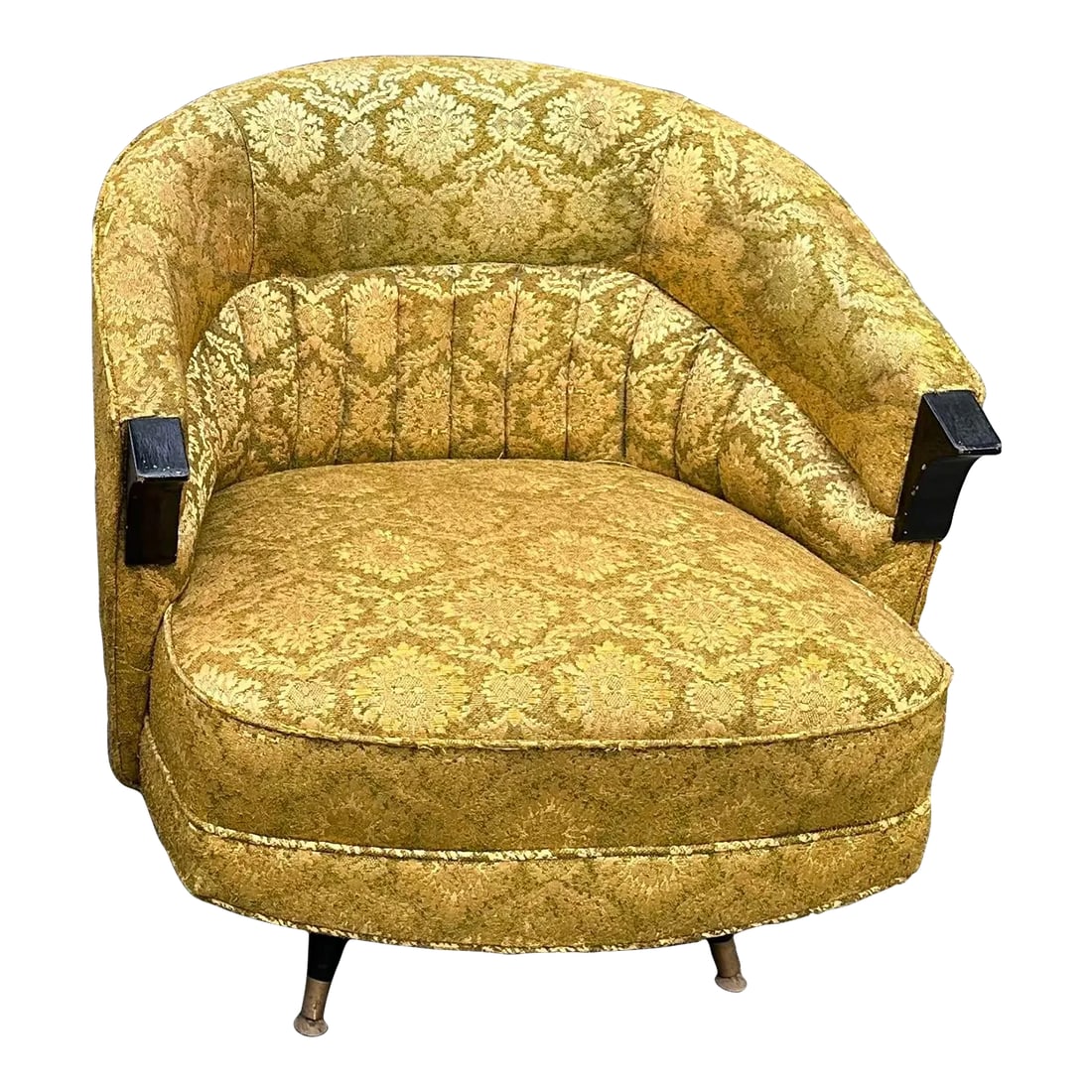 1940s Mid Century Barrel or Tub Chair: Gorgeous 1940s barrel back vintage swivel chair in greenish gold pattern, styled after Selig. This chair would make a stunning accent in any midcentury Hollywood Regency, or art deco style home or off