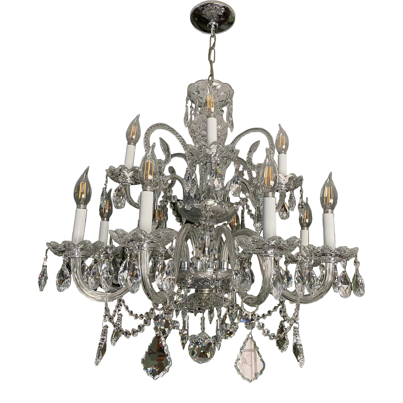 1990s Strass Crystal Chandelier: Stunning classic Austrian Strass Chandelier with 12 lights. Sparkling and full to the brim. Width: 26" Length (excluding the chain to ceiling): 26" Twelfth dishes (each has 1 light). All Sizable