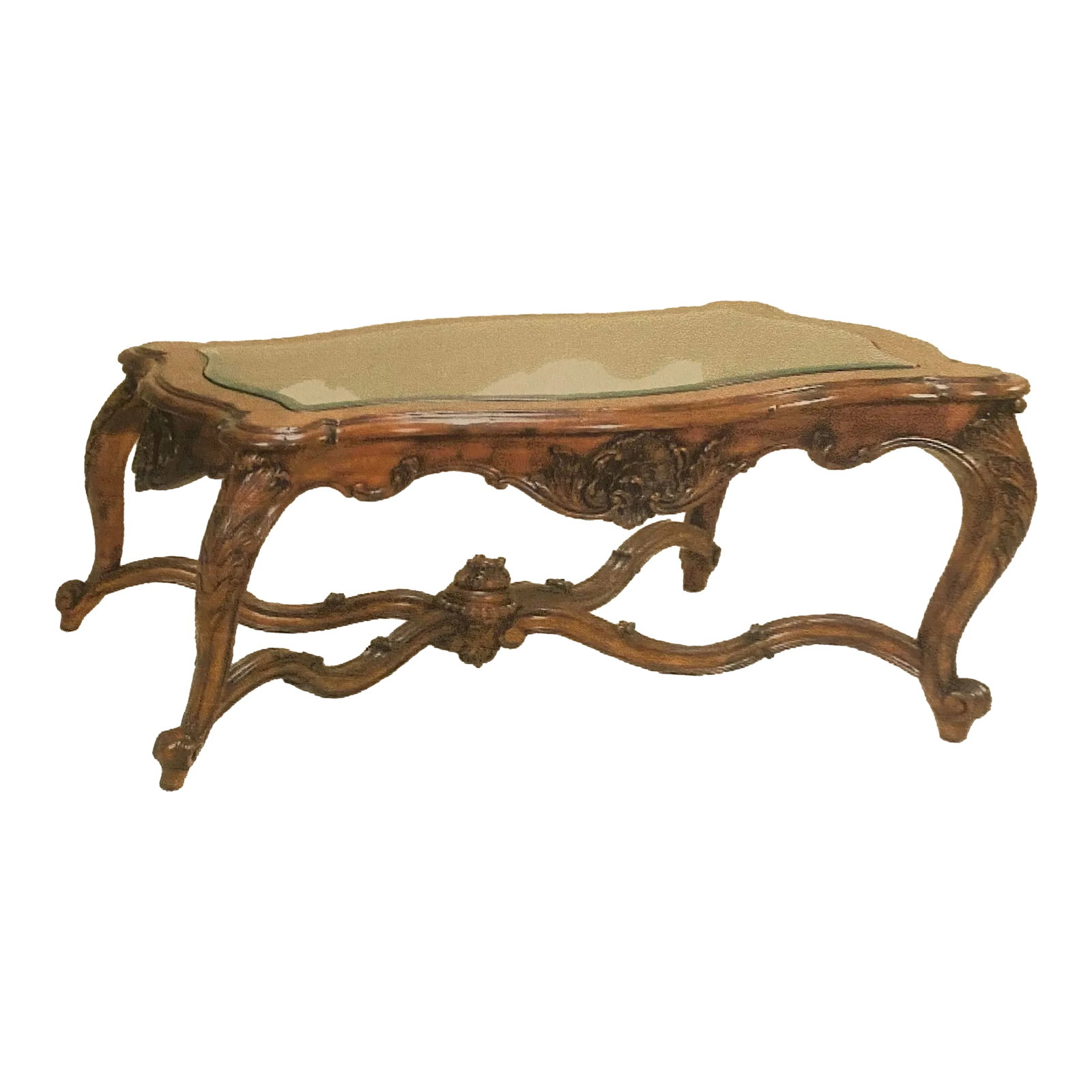 Wood Cocktail Table With Glass Inlay: Carved wood Maitland-Smith cocktail table with inset glass top. Purchased new for $1,761.75 in 2006. Unused. Perfect condition. Condition: Alterations: Original Condition Unaltered Imperfections: