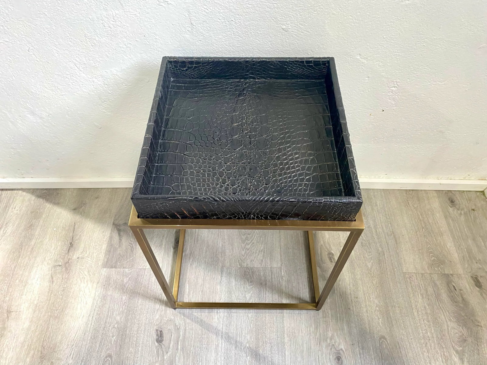 Contemporary Embossed Leather Top Tray Table on Open Frame by Theodore Alexander - 11