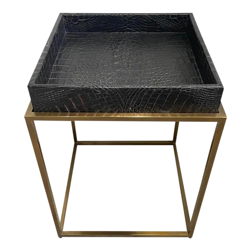 Contemporary Embossed Leather Top Tray Table on Open Frame by Theodore Alexander: Tempest Finish, Komodo Embossed Inlaid Leather Tray Top. Brushed Brass Finish Irregular Geometric Base DIMENSIONS Width 15" Depth 15" Height 22" Condition: Alterations: Original Condition Unaltered