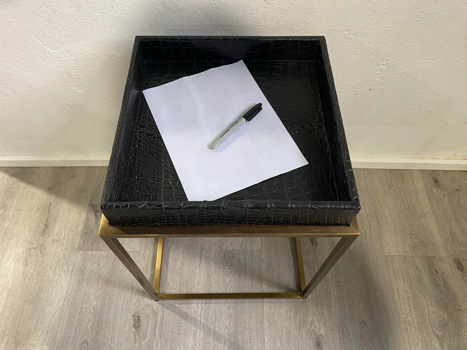 Contemporary Embossed Leather Top Tray Table on Open Frame by Theodore Alexander - 2