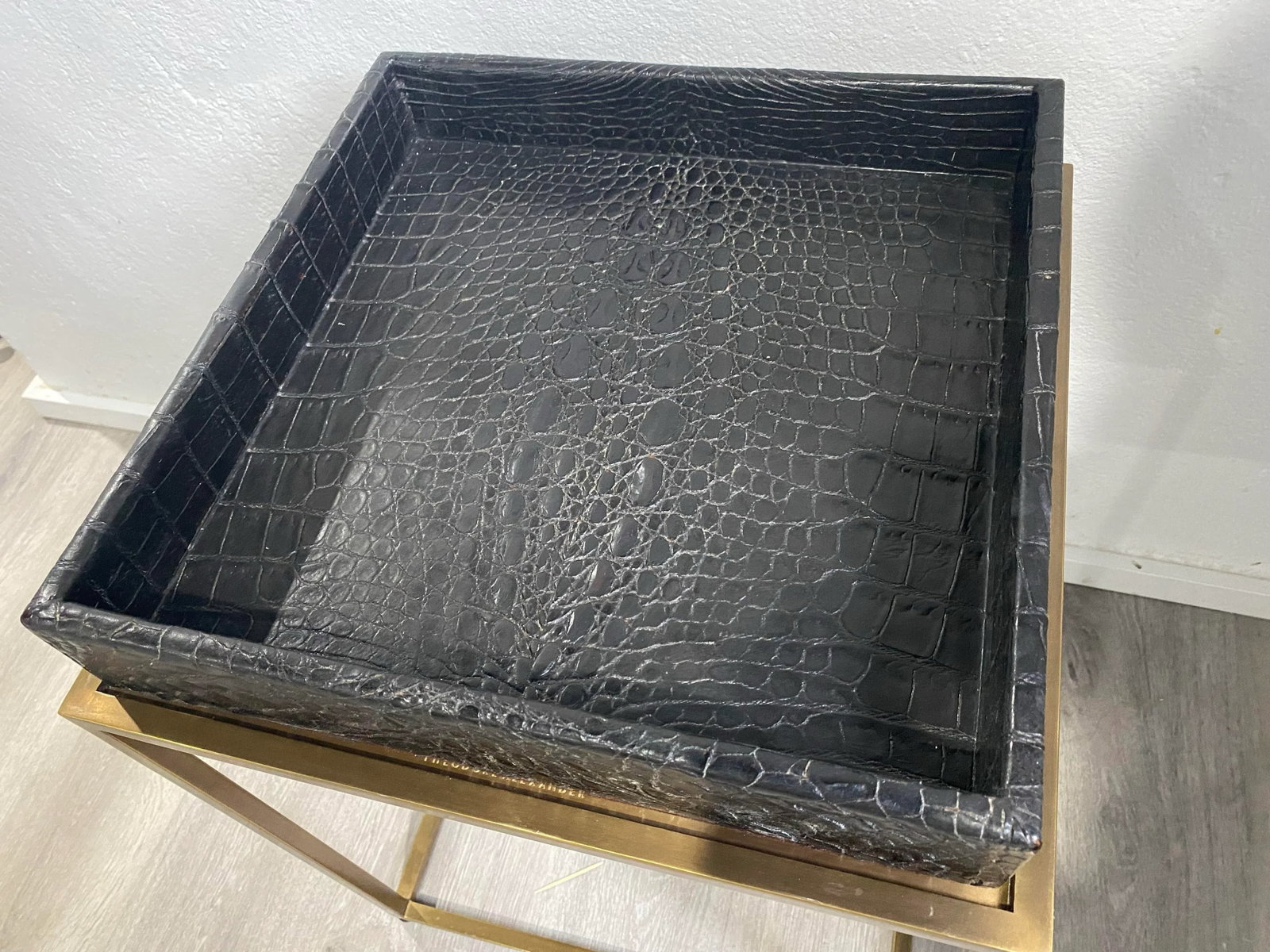 Contemporary Embossed Leather Top Tray Table on Open Frame by Theodore Alexander - 4