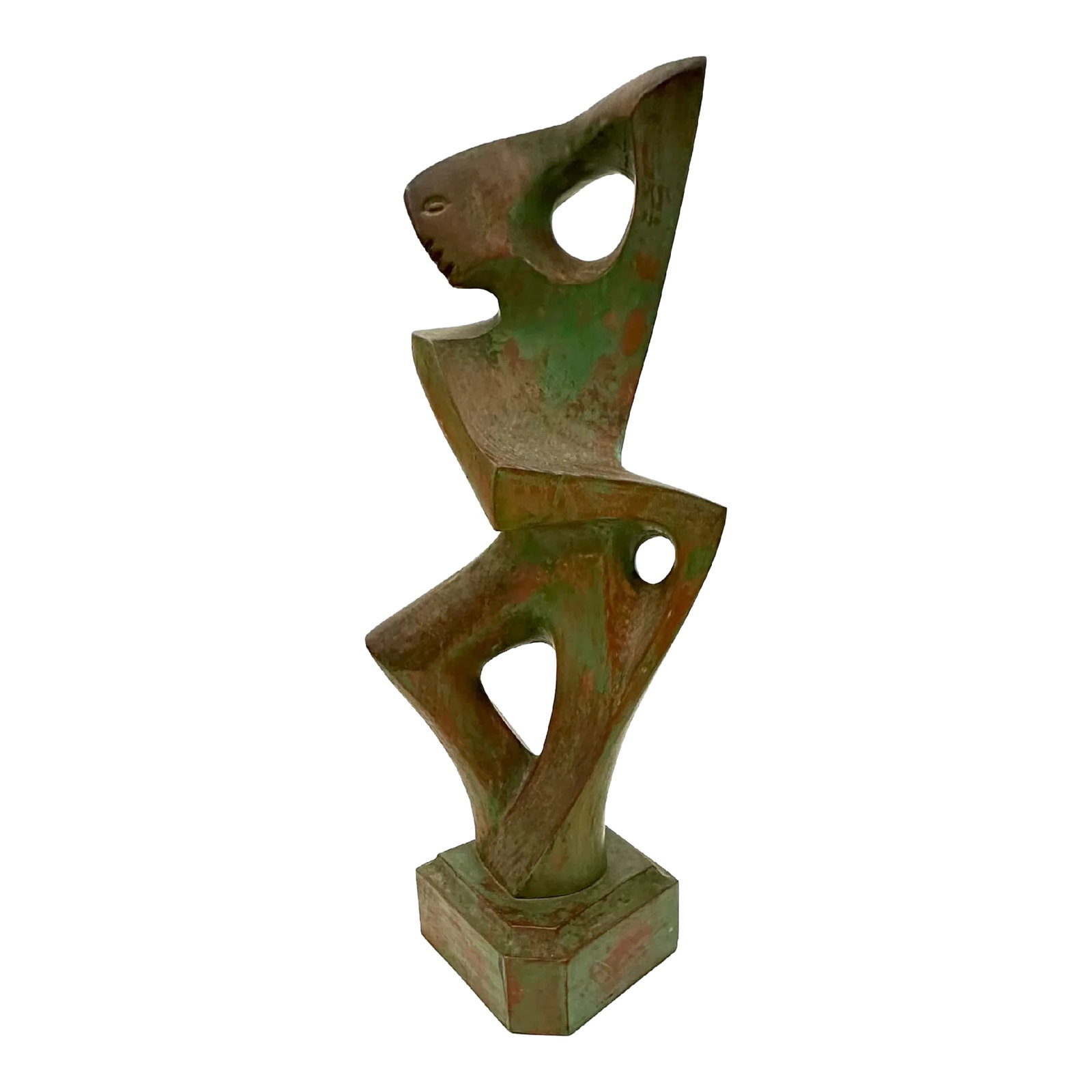 Mid-Century Modern 1950s Figural Sculpture Signed: This solid wood modernist figural 16" tall sculpture looks to be hand carved and has the remnants of green paint over the wood. It is pencil signed on the red painted base, "M. Wysowski" and dated