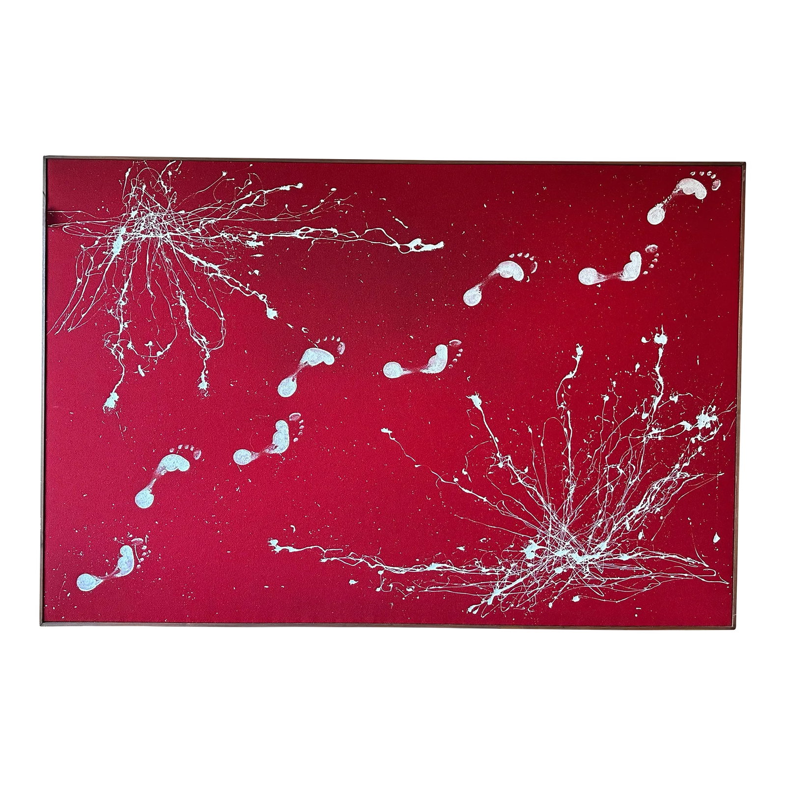 Large Painting by Adrian Pearsall (1925-2011): A large painting by designer Adrian Pearsall of a child's footprints with abstract splatter pattern. Unsigned and in original wooden frame. Paint over felt mounted to masonite Condition: Alterations: