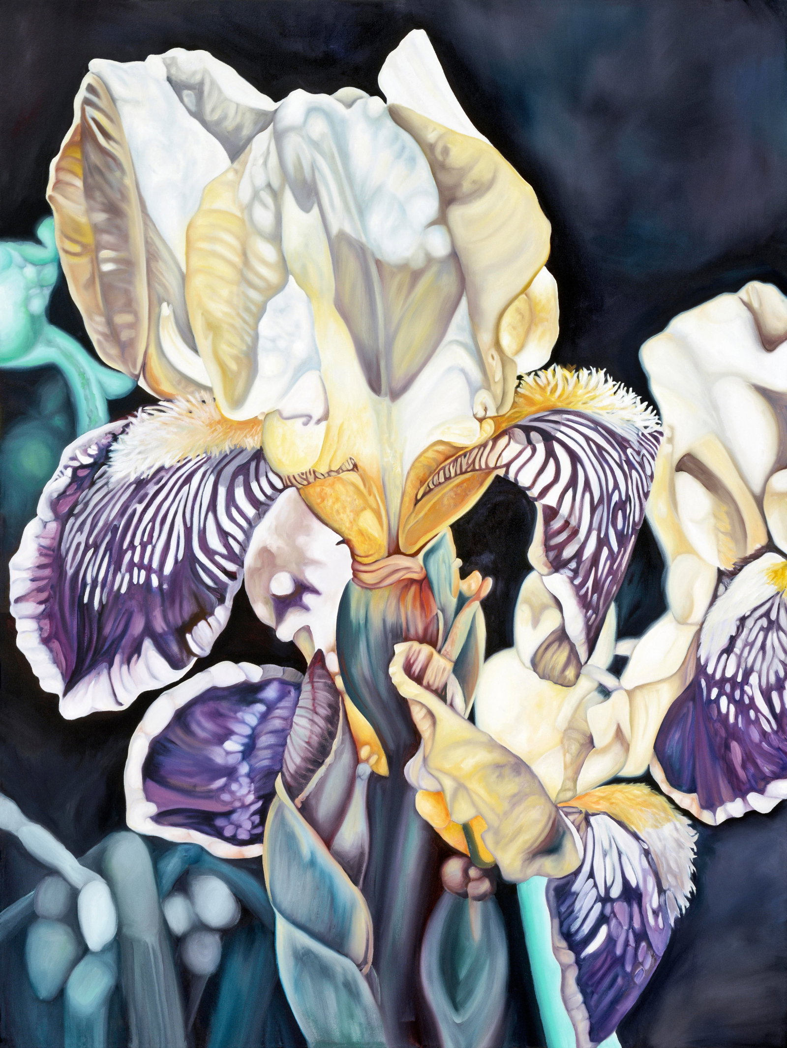 2000s "Zebra Iris" Large Gallery Wrapped Oil Painting by Judith Moore: This is an original work by Judith Moore, American, 1942-2010. The original inspiration for Judith's many iris paintings was the bed of irises in her garden in Illinois. Even years after moving her st