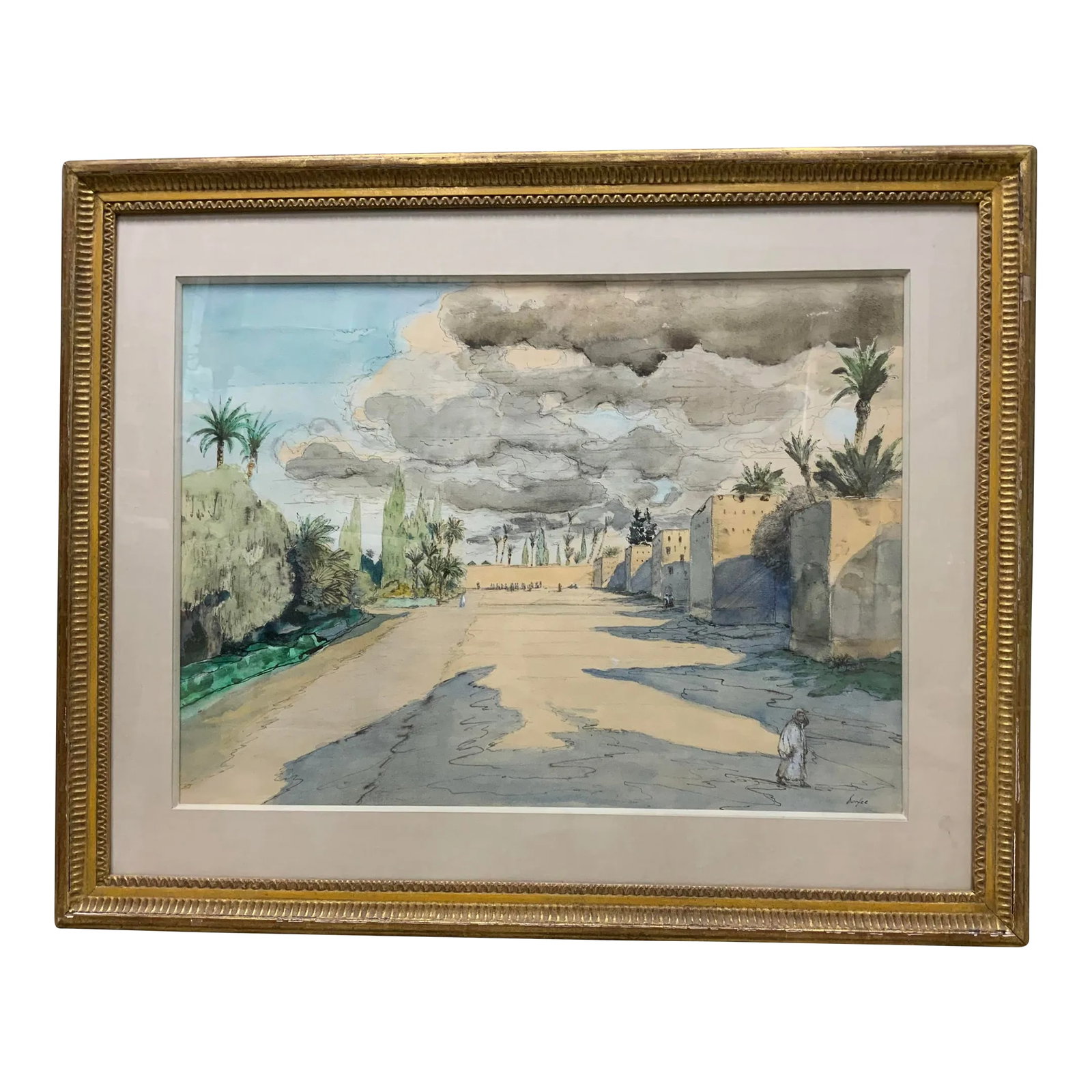 "Moroccan Village" Large Framed Watercolor by Hazard Durfee .: Hazard Durfee, a 1940 graduate of Yale University's Art School, has been exhibited at the Metropolitan Museum of Art, Newport Museum and has been included in the Whitney Museum's Biennial multiple tim