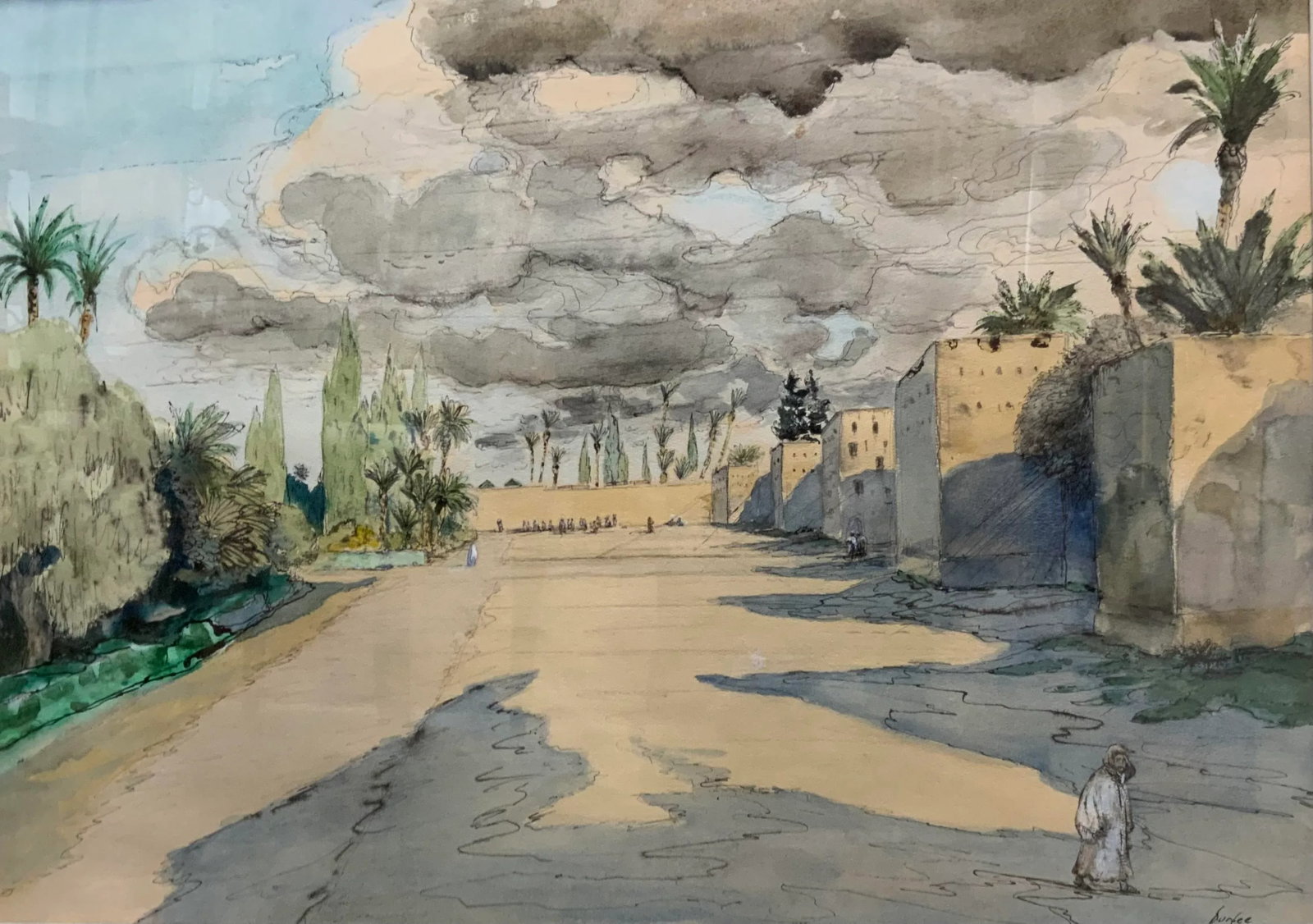 "Moroccan Village" Large Framed Watercolor by Hazard Durfee . - 3