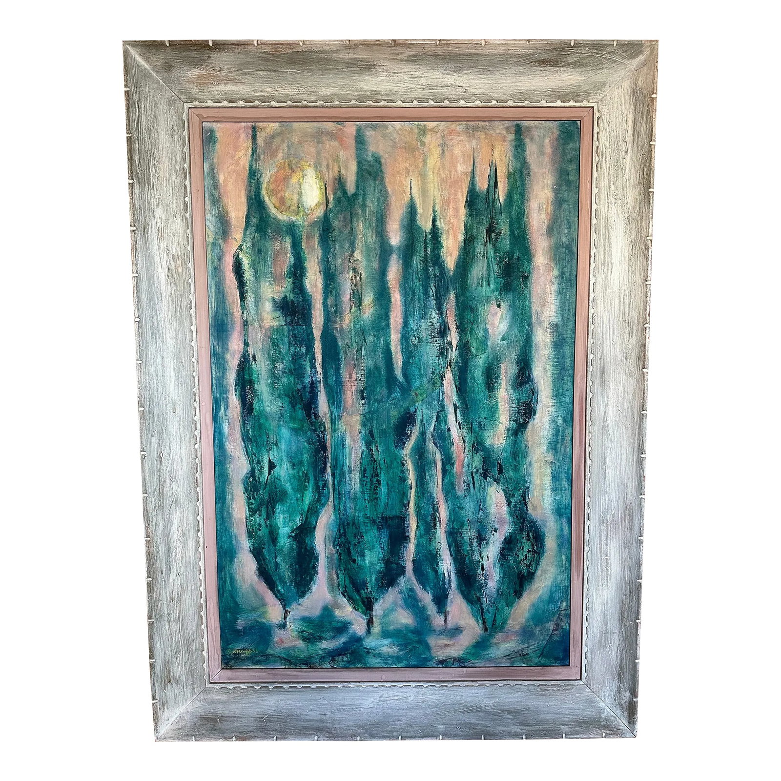 Painting by Mort Baranoff (Texas, 1932 -1978) Cypress With Moon: Frames, oil painting on Masonite, "Cypress with Moon "signed lower left Baranoff and dated 1953 Mort Baranoff was a university of Texas art professor Condition: Alterations: Original Condition