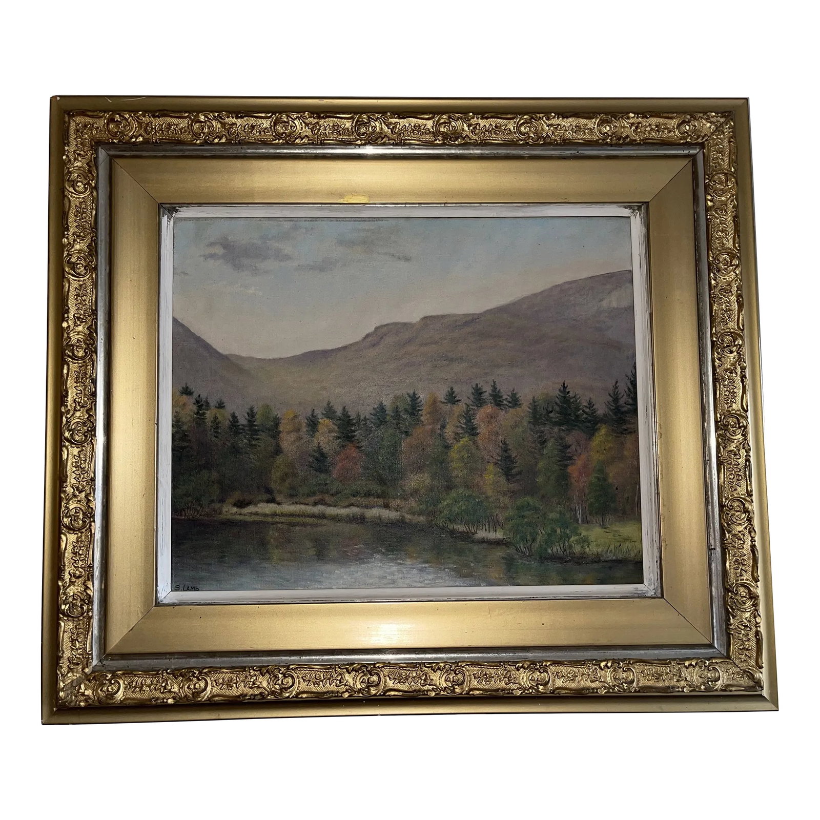 Early 20th Century Mountain Landscape Painting , Oil on Canvas, Attributed to Frederick Stymetz Lamb: Early 20th-century landscape painting, oil on canvas, signed S. Lamb (lower left)-- attributed to American Impressionist Frederick Stymetz Lamb (1863-1928); depicting a muted multi-colored fall