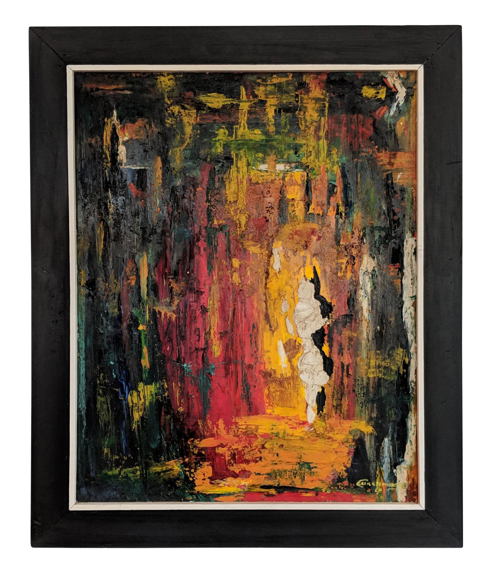 1960s Vintage Erick Stephens Abstract Oil on Canvas Impasto Painting: Beautiful striking colors utilizing the impasto technique of layering thick areas of paint to appear three dimensional. Signed Erick Stephens 1964. Original wooden frame. Condition: Alterations: