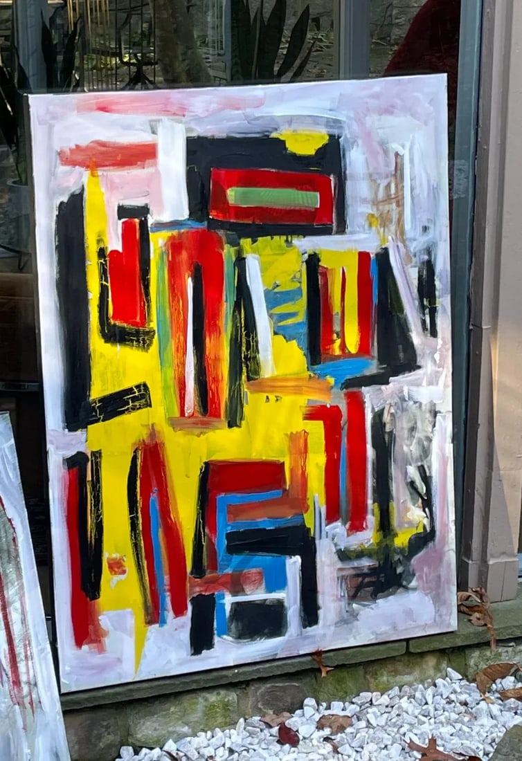 Listed John Schwab Original Oil Abstract Expressionist Oil Painting Cubism MCM - 2
