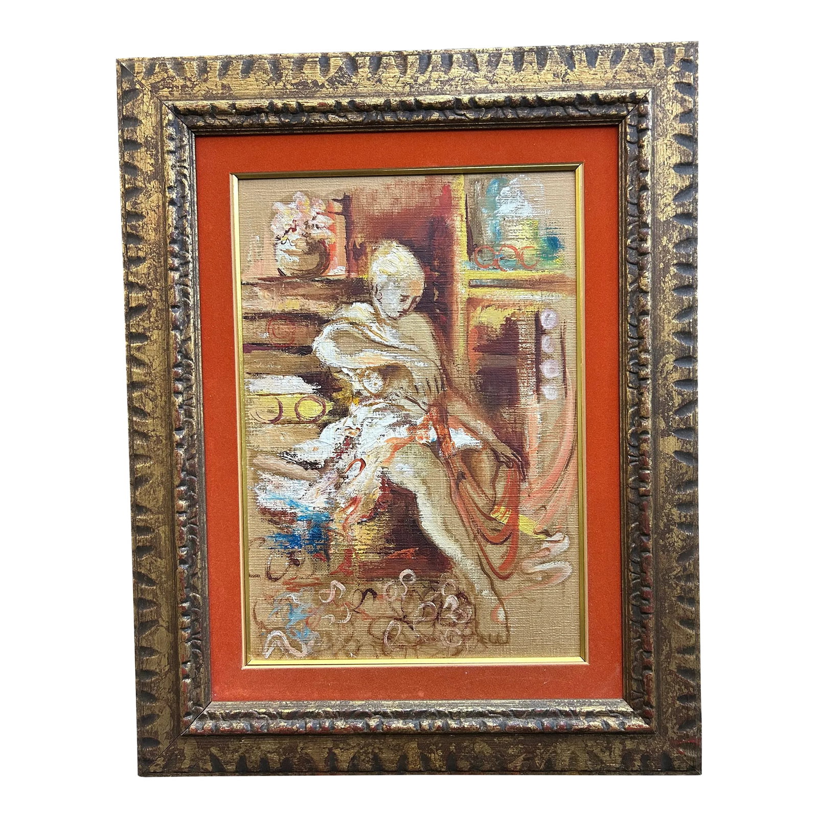 Abstract Midcentury Seated Nude Oil Painting: Vibrant abstract painting of a seated nude woman. Oil on canvas in original midcentury frame, with fabulous orange velvet mat. Unsigned, from mid 20th century. Reminiscent of Matisse. Measurements
