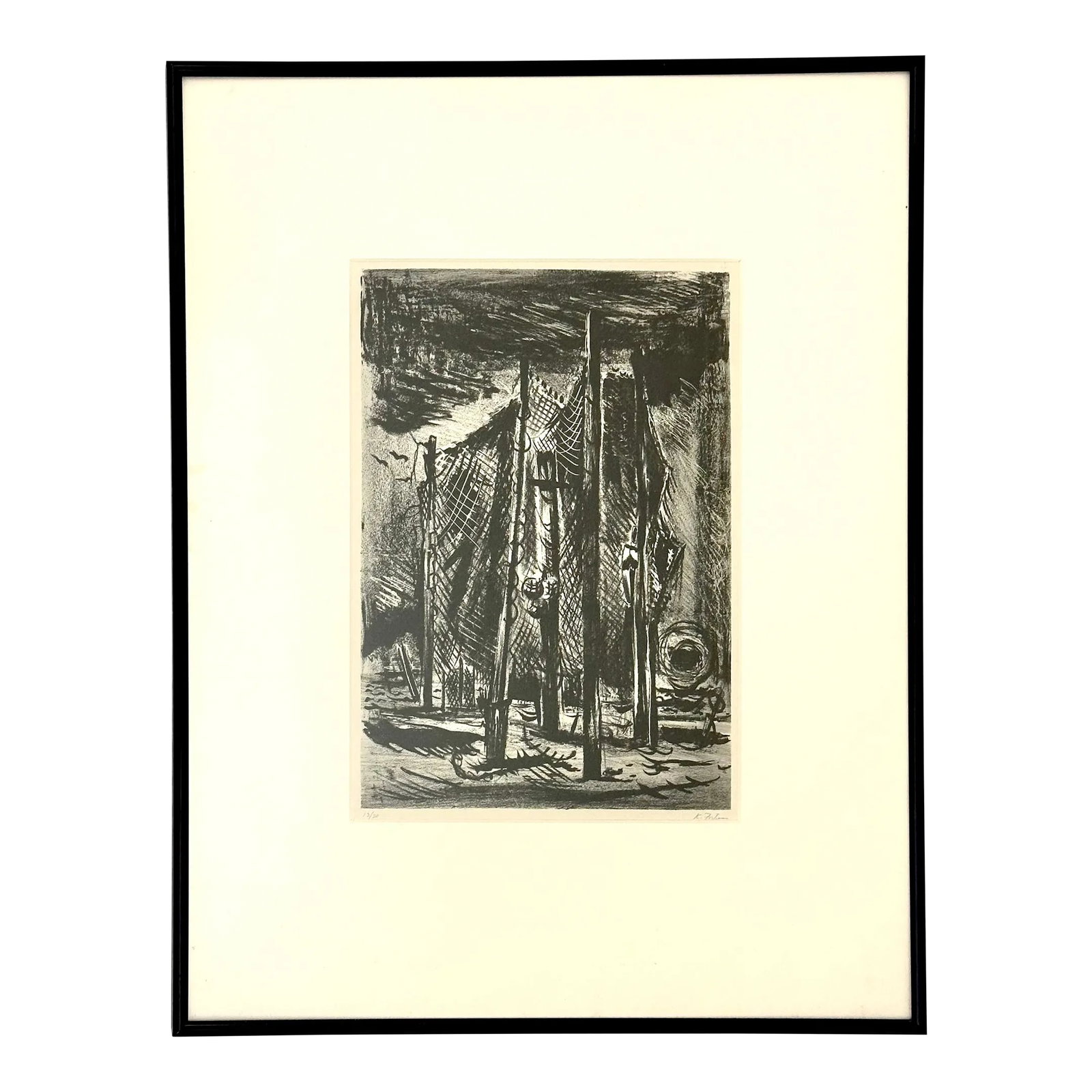 Karl Fortess 1909-1993 Original Lithograph Signed and Numbered, Framed: Title: Unknown Image description: Drying nets Smithsonian biography: "Karl Fortess came to America from Belgium and studied art in Chicago and New York. In 1937 the Works Progress Administration sent 