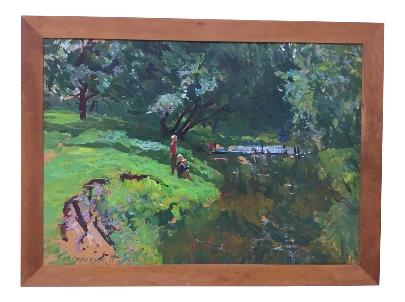 1990s Impressionist Oil Painting on Board by Piotr Ivanovich Kostinski: Great impressionist oil painted "en plain air" by well known listed Russian painter Piotr Ivanovich Kostinski ( 1916-2003). Custom made cherry wood frame . Condition: Alterations: Original Condition