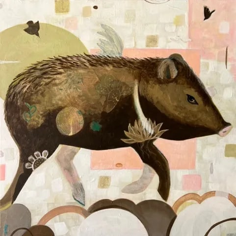Javelina Angel 1 an Original Painting: This sweet little peccary is a Javelina and the is an angel. The funny little guy has a wing atop his back. Birds are flying to and fro and he is surrounded by white, pink and green. The javelina