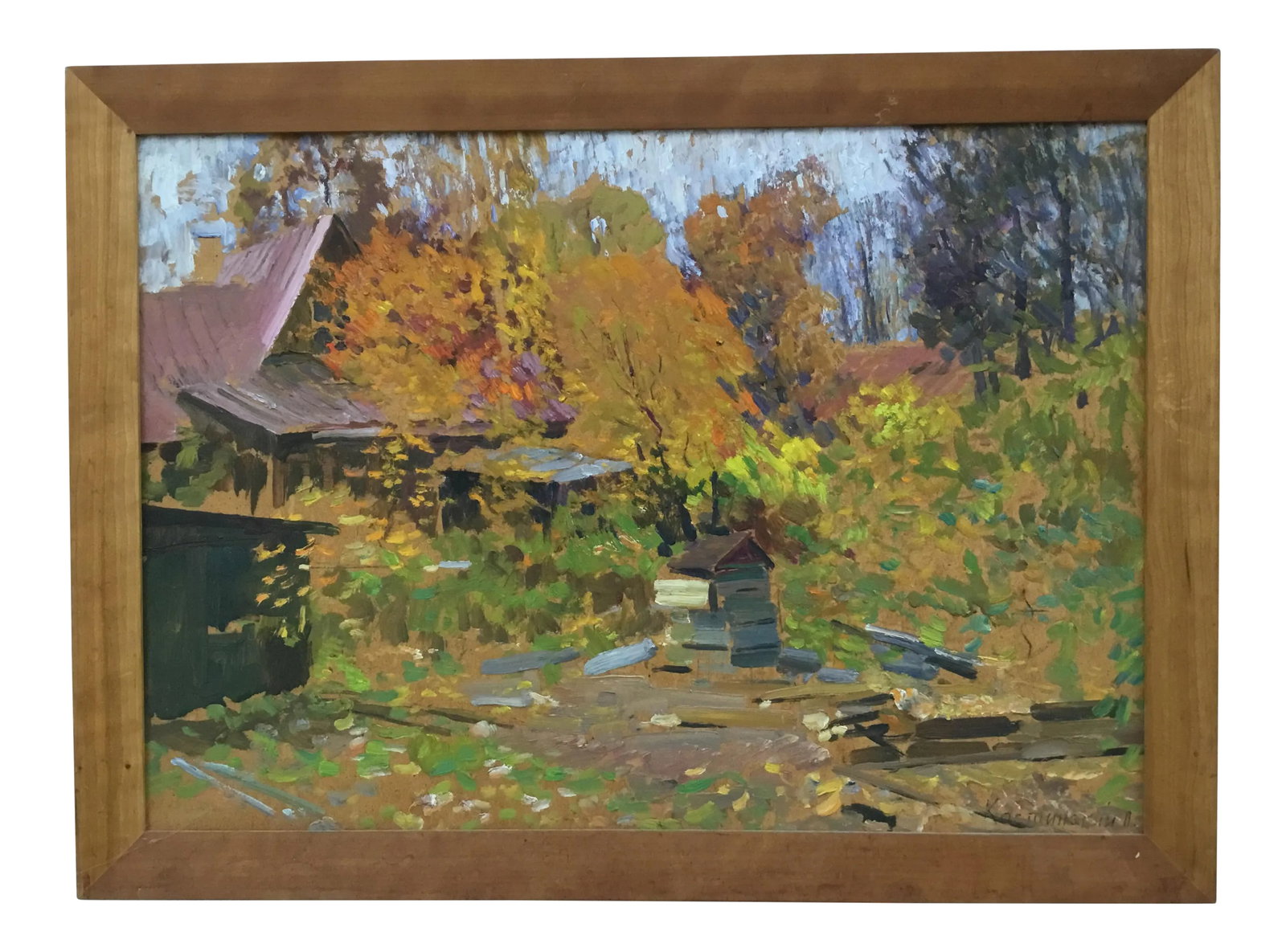 1998 "Moscow, Village Sokol" Oil Painting on Board by Piotr Ivanovich Kostinski: Great impressionist oil painted"en plain air" by well known listed Russian painter Piotr Ivanovich Kostinski (1916-2003). Signet on lover right . Framed in custom made cherry wood frame . Condition: