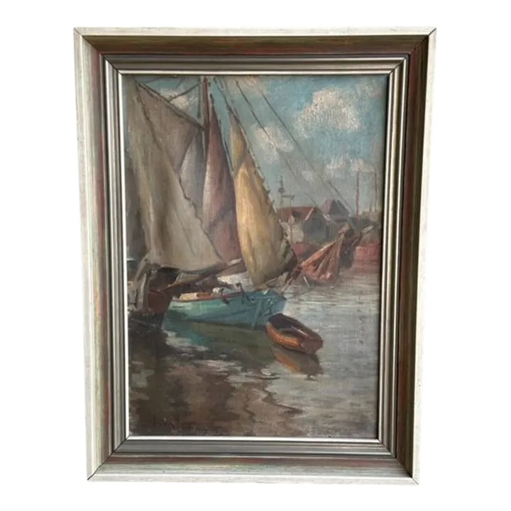 Late 19th Century Friedrich Raupp Oil on Canvas Sailboats in Harbor: Friedrich Raupp, German landscape and genre painter (1871 Nuremberg to 1949 Munich), son and pupil of Karl Raupp (1837-1918), studied from 1890 at the Munich Academy with Gabriel von Hackl and Carl