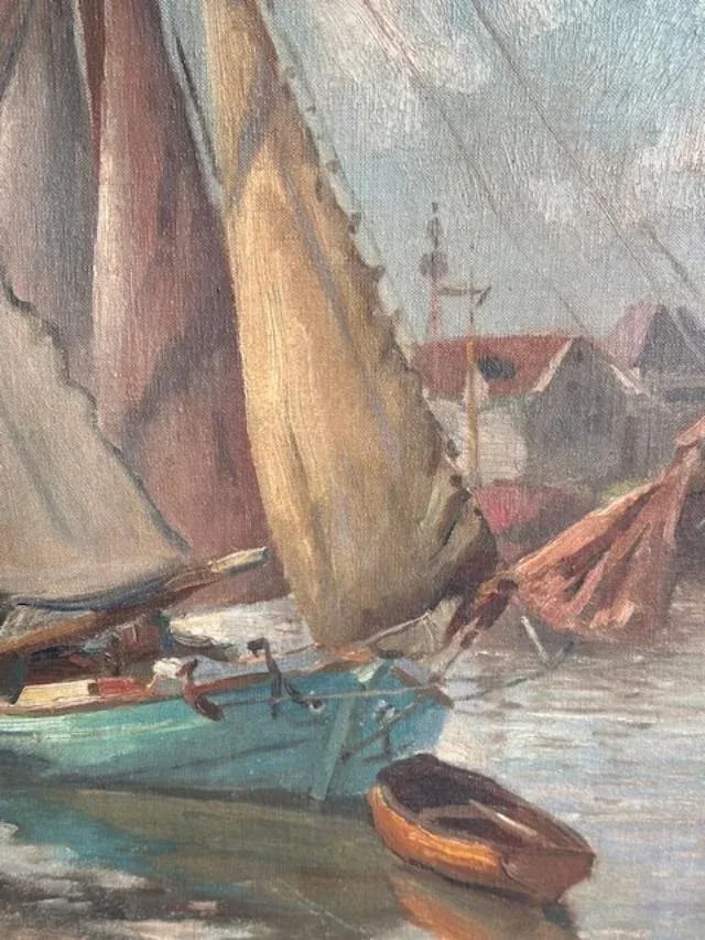 Late 19th Century Friedrich Raupp Oil on Canvas Sailboats in Harbor - 2