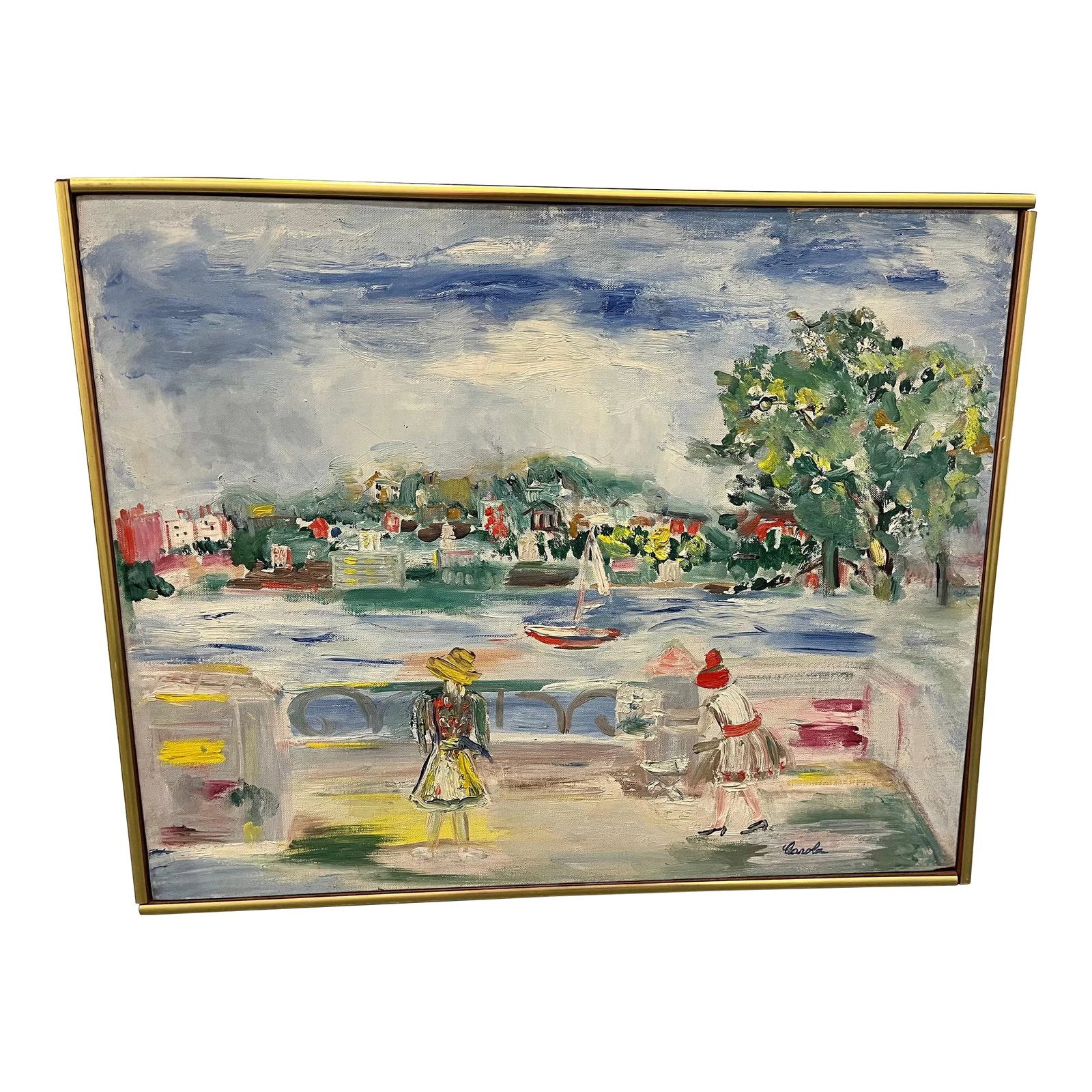 Vintage Modern Expressionist Colorful Painting of a Park Scene: Sweet painting on canvas of a park scene with great, bright colors. Gold wood frame. Good condition, no weird smells. Boats, people, trees, water. Canvas dimensions are 20"W by 16"H. Dimensions given