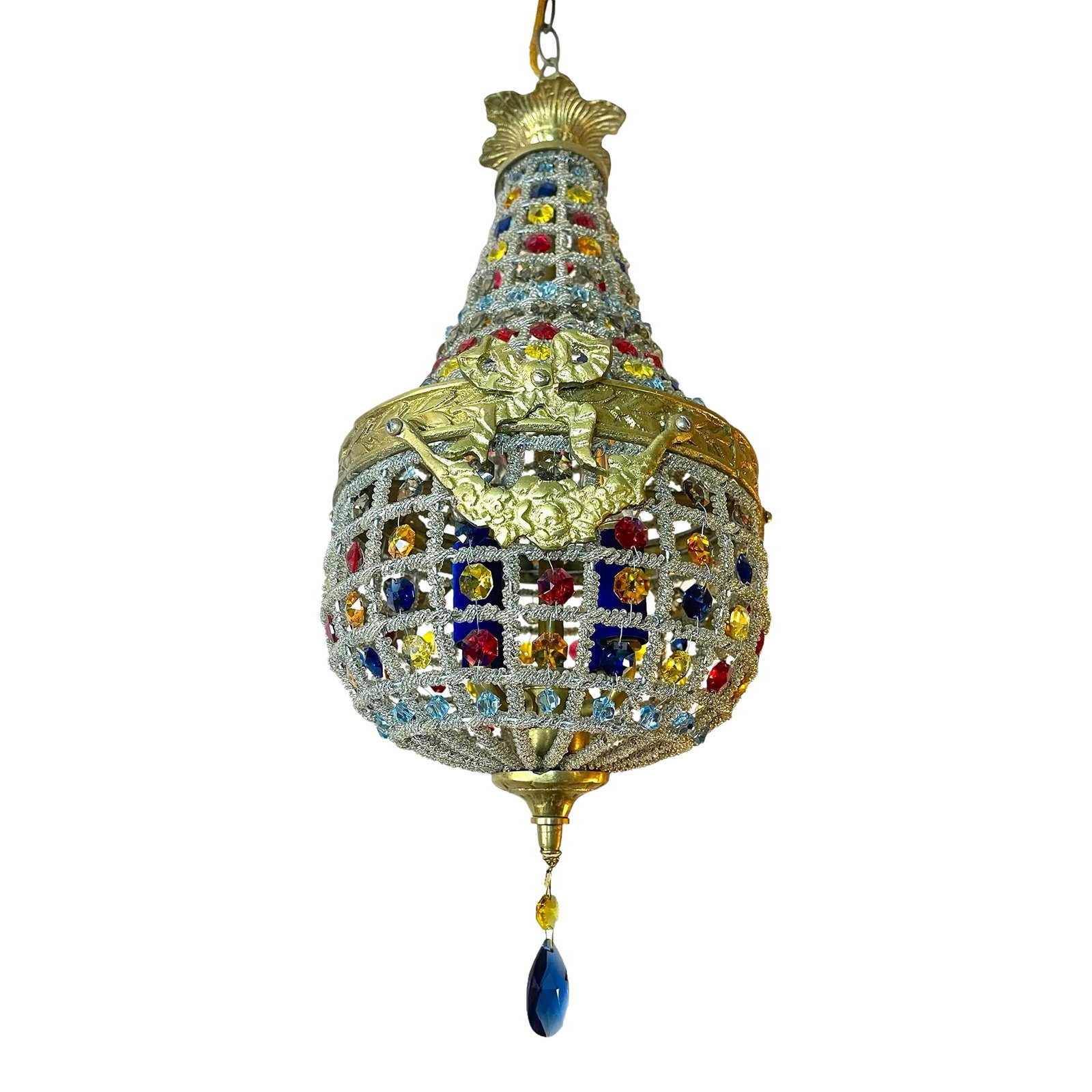 Early 20th Century Karen Curtis Louis XVI French Empire Style Strass Swarovski Crystal Beaded Basket: Add a touch of vintage European elegance to your space with this exquisite French Empire chandelier, expertly reimagined by designer Karen Curtis. This one-of-a-kind piece features a brass frame adorn