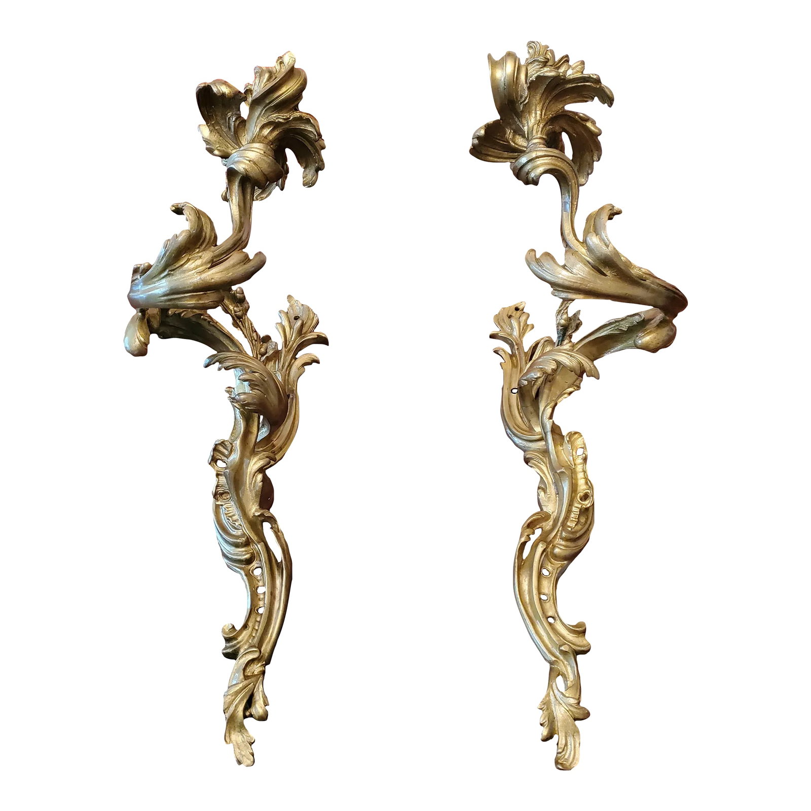 Antique French Louis XV Style Bronze Pair Sconces Ormolu Gilt - a Pair (1 of 10)