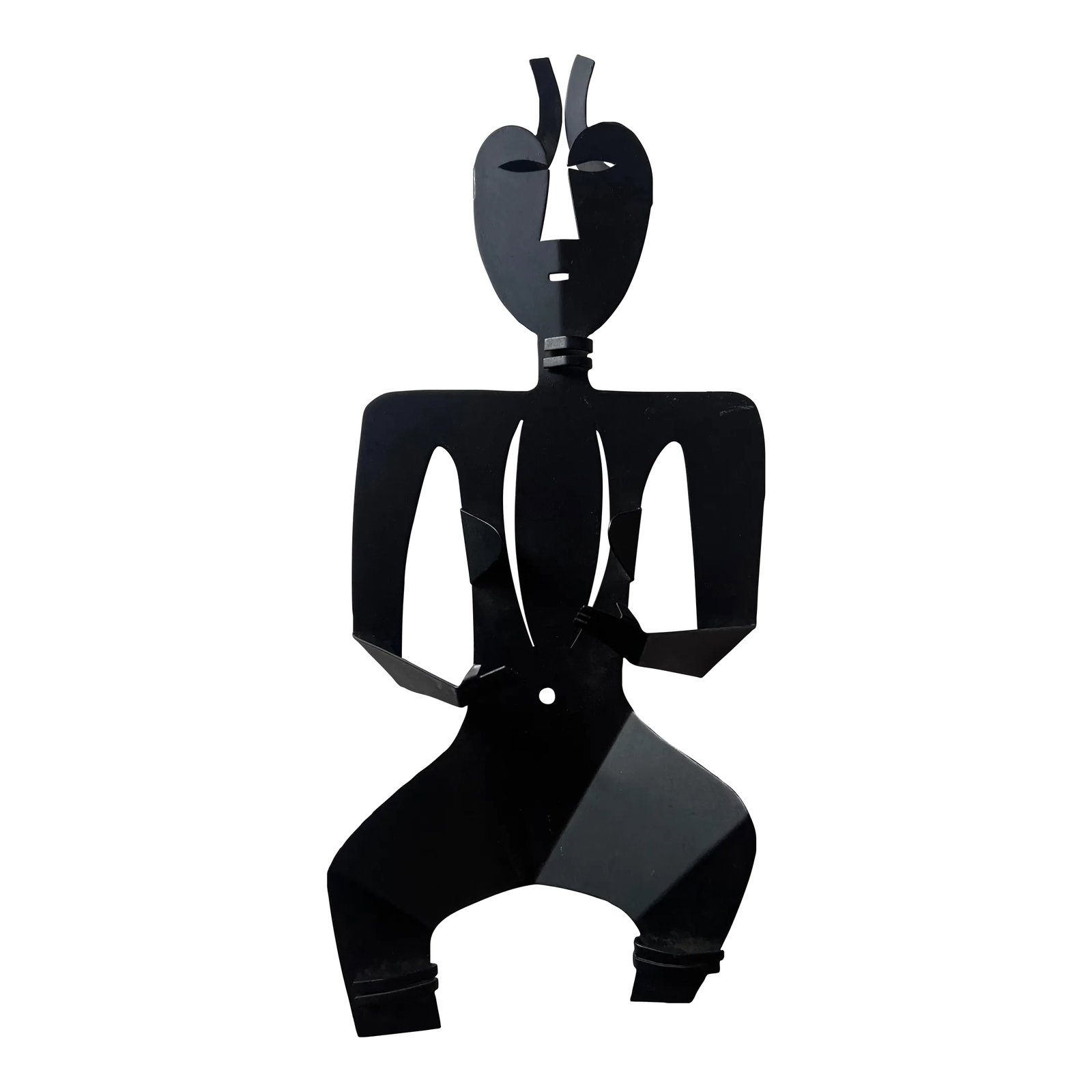 Mid Century Black Metal Figural Sculpture After Philippe Hiquily: Black metal thin sculpture, in the style of Philippe Hiquily. Also reminiscent of Picasso, Miro, cubist, angular, has a somewhat tribal feel, possibly African or Ethiopian influence. This piece was