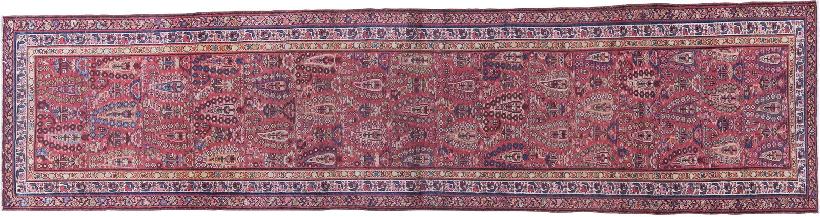 Early 20th Century Antique Northwest Persian Runner Rug - 3'1'' * 12'8'': The well-covered terracotta-coral field displays floriated botehs ulternating with erect full flowers.The pattern is seen on rugs from the Caucasus,Serabs and other north Persian weavings.The rug has 