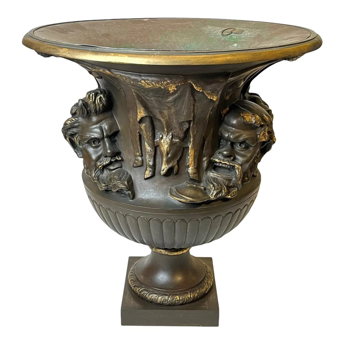 Large 19th Century French Bronze Borghese Vase Cast by Barbedienne: Large Bronze Grand Tour Jardiniere Planter by Barbedienne with neoclassical satyr masks and designs, after the original Borghese vase by Giovanni Zoffoli (1785-1845). Exceptionally and finished with g