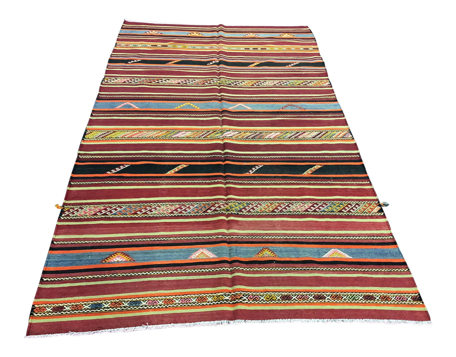 1960s Vintage Striped Turkish Handmade Wool Kilim Rug - 6'1'' * 9'8'': This is a vintage kilim rug. The piece was handmade in the 1960s. Condition: Alterations: Original Condition Unaltered Imperfections: Some Imperfections Condition Notes: Excellent Origin: Turkey M