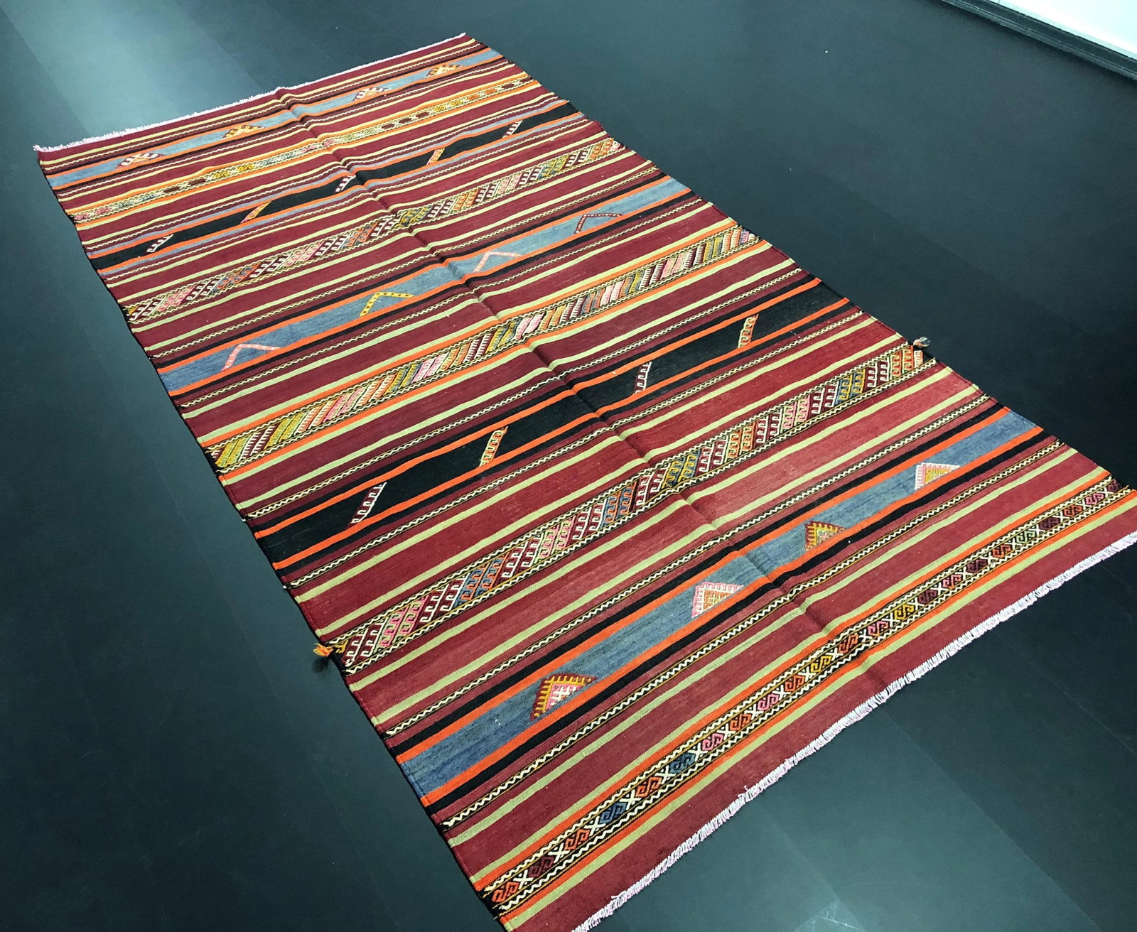 1960s Vintage Striped Turkish Handmade Wool Kilim Rug - 6'1'' * 9'8'' - 2