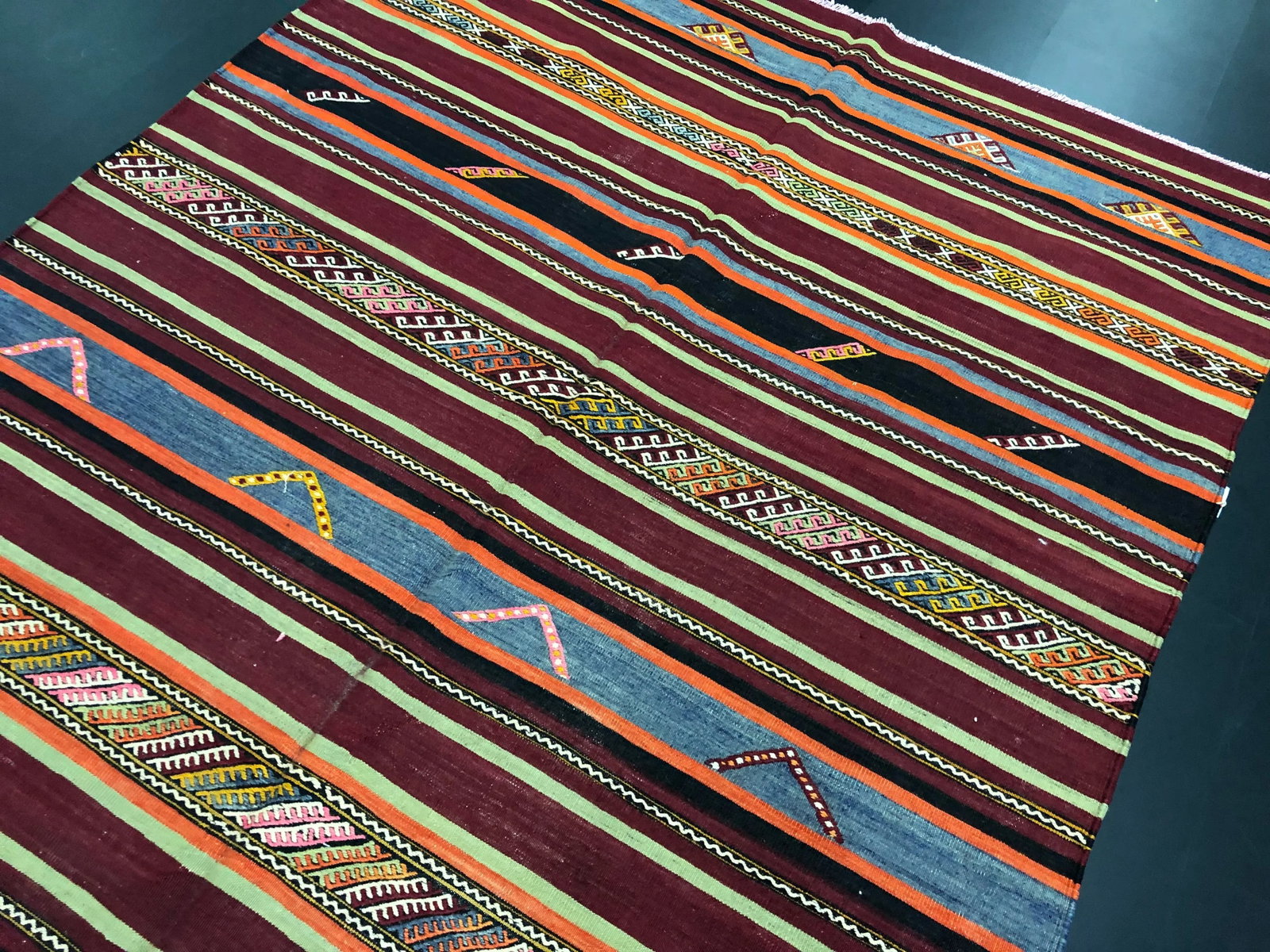 1960s Vintage Striped Turkish Handmade Wool Kilim Rug - 6'1'' * 9'8'' - 7