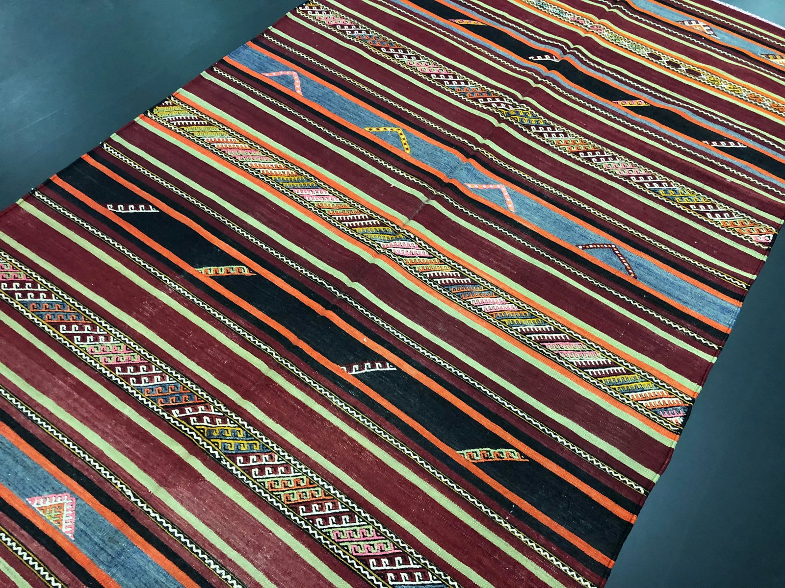 1960s Vintage Striped Turkish Handmade Wool Kilim Rug - 6'1'' * 9'8'' - 8