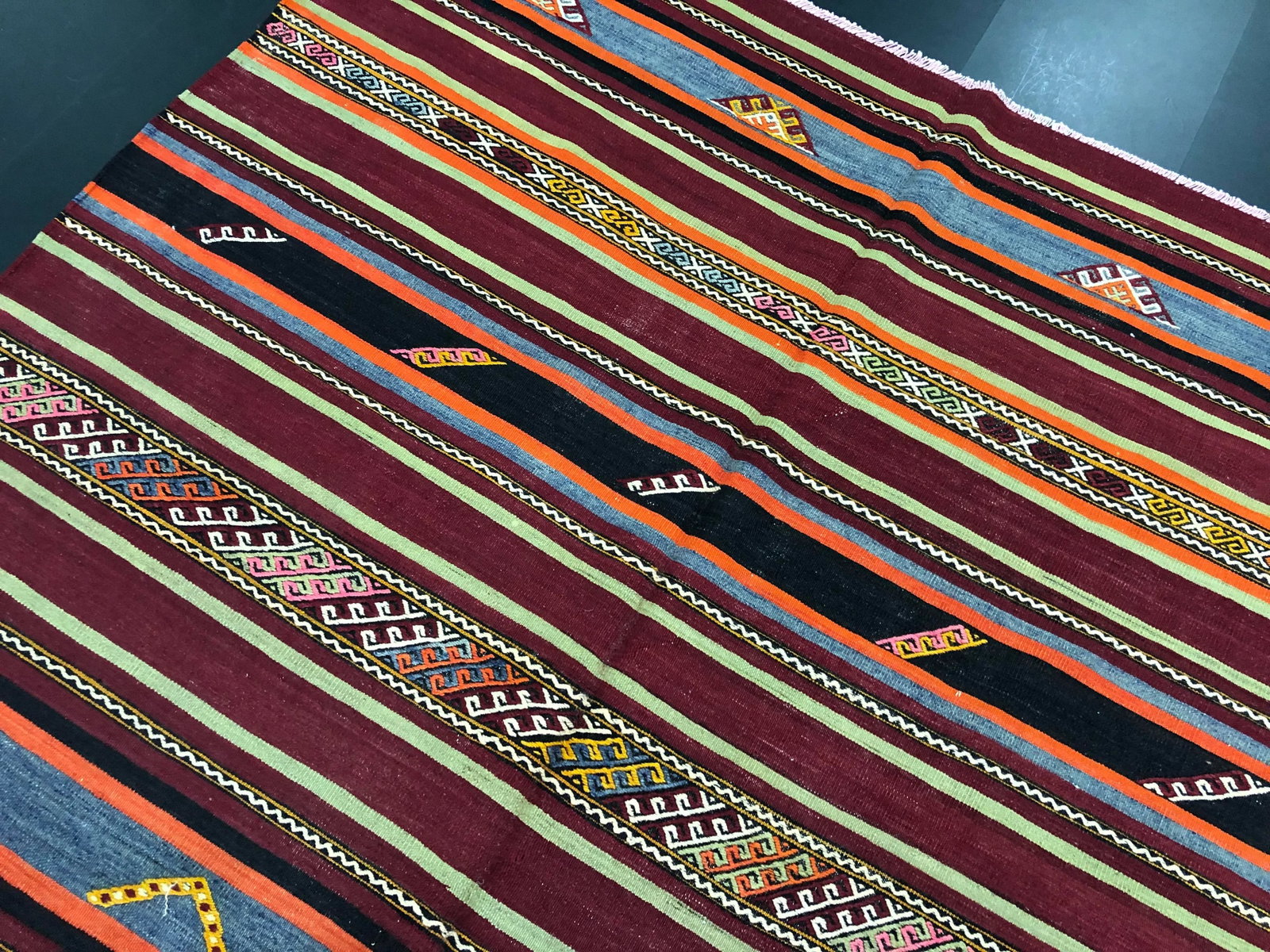 1960s Vintage Striped Turkish Handmade Wool Kilim Rug - 6'1'' * 9'8'' - 9