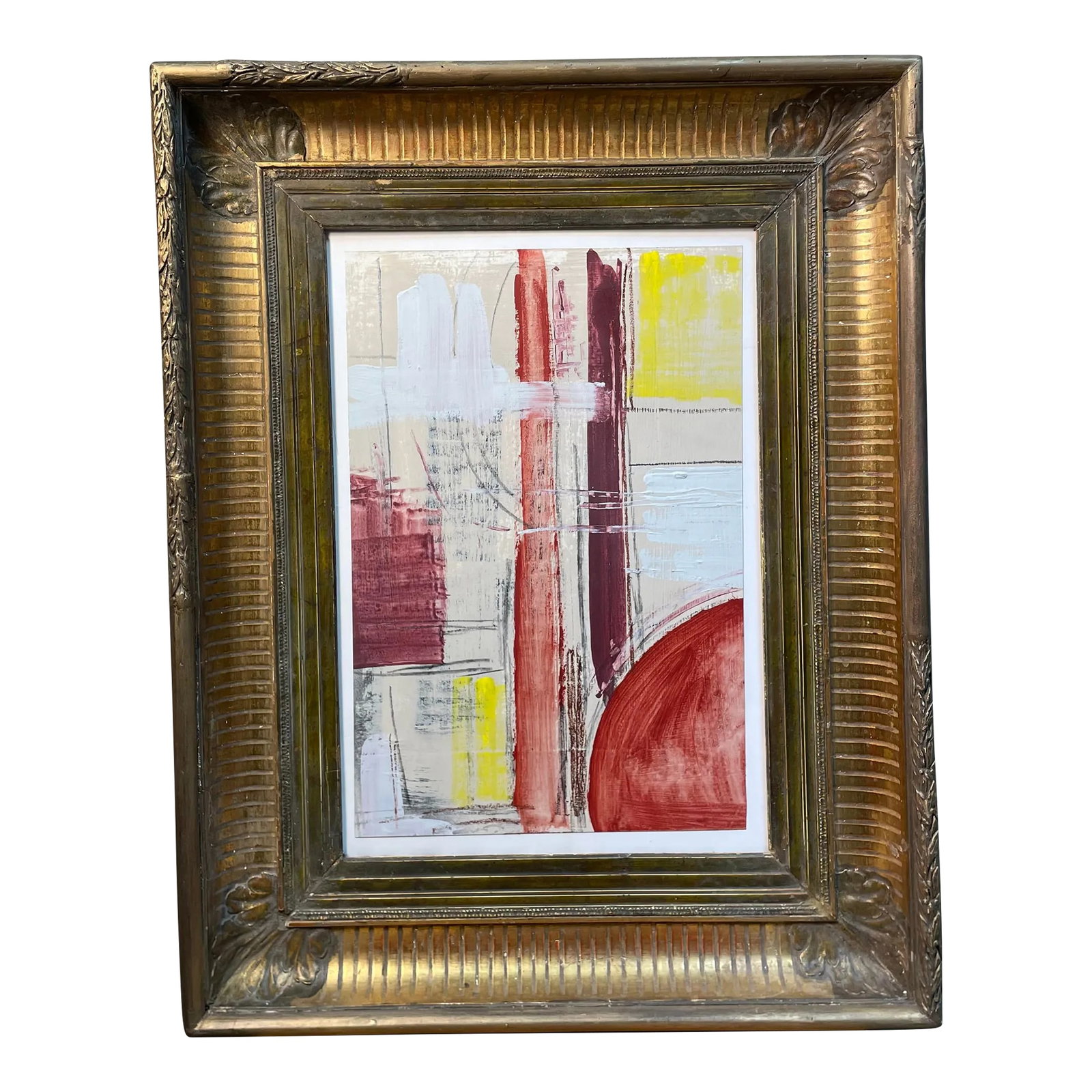 18th Century French Frame With Modern Contemporary Art: The 18th century French frame is of gold and silver leaf, and restored to bring it to its former glory. The painting inside is of the 21st century and signed by the artist; having stunning abstract fo