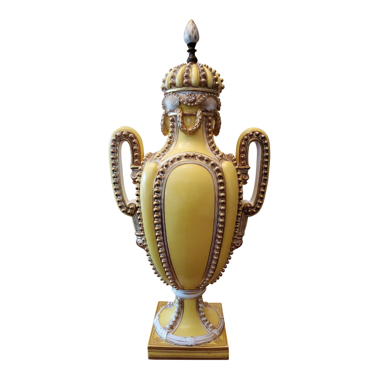 Antique Sevres Style Yellow Porcelain Sea Shell Urn: A very rare antique yellow porcelain urn attributed to French sevres. Having exquisite sea shell and beaded porcelain decoration with glazed porcelain accented with gilt gold. Exaggerated applied 18th