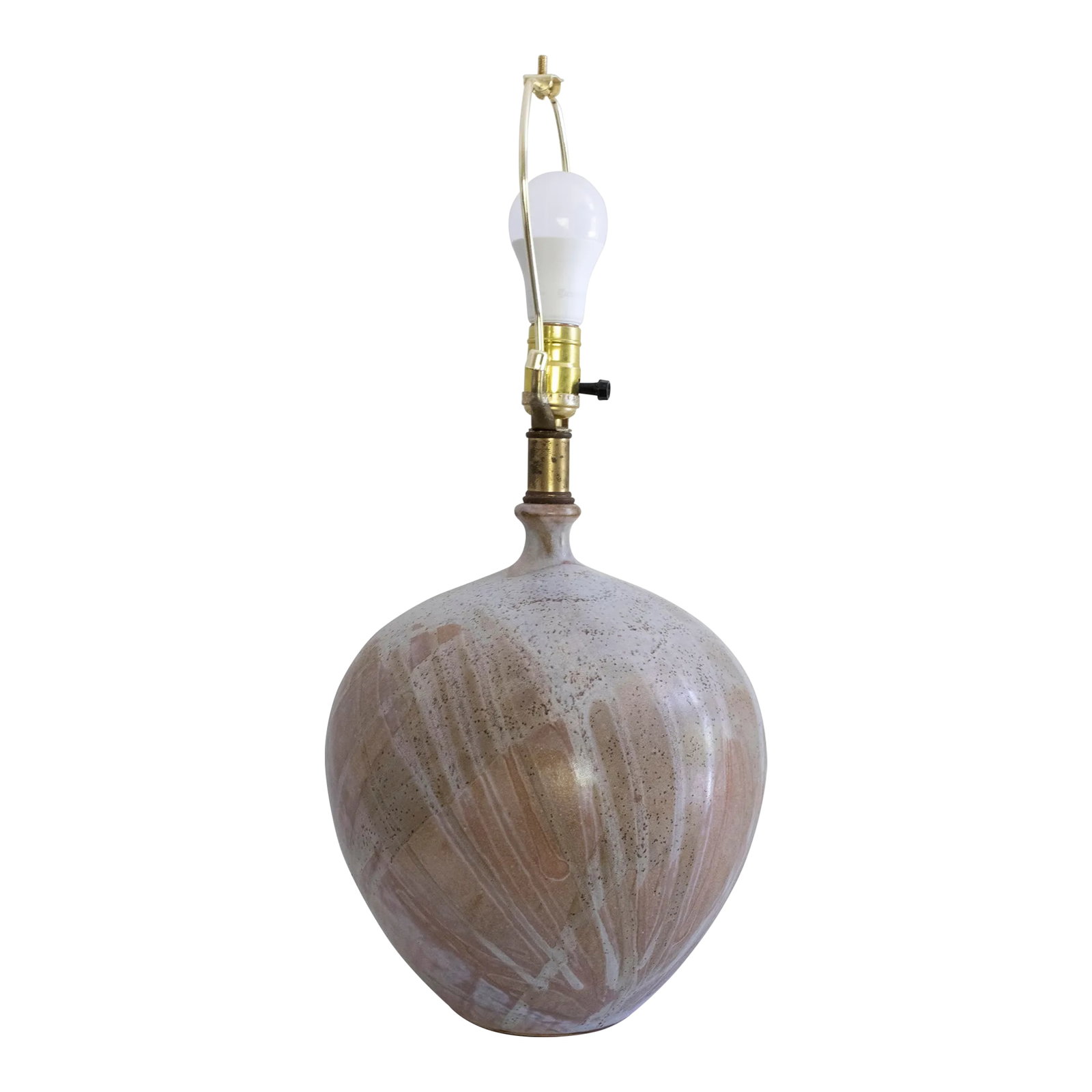 Vintage Studio Pottery Stoneware Drip Glaze Lamp: Studio pottery lamp with a distinctive earthy toned drip glaze. The ceramic portion of the lamp measures 13" tall and 10" wide, and 16 inches tall with electrical. Condition: Alterations: Original Con