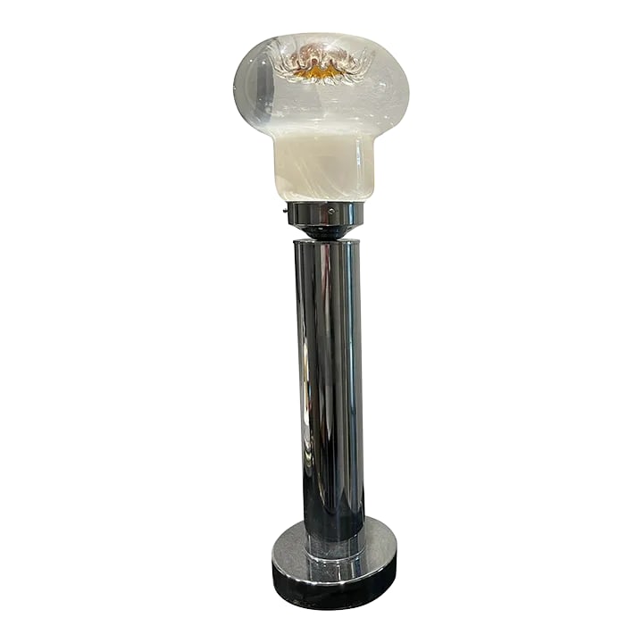 Chrome and Murano Glass Lamp, Italy, 1970: This table lamp is mid-century modern from the 1970's, has a chrome base with a Murano glass shade in milky white, transparent, and a yellow/orange. The lamp was purchased in 2008 from Area Id on