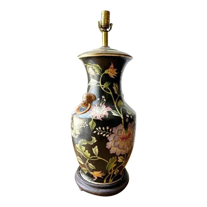 Vintage Black Floral Chinoiserie Lamp With Leopard Like Foo Dog Accents (1 of 8)